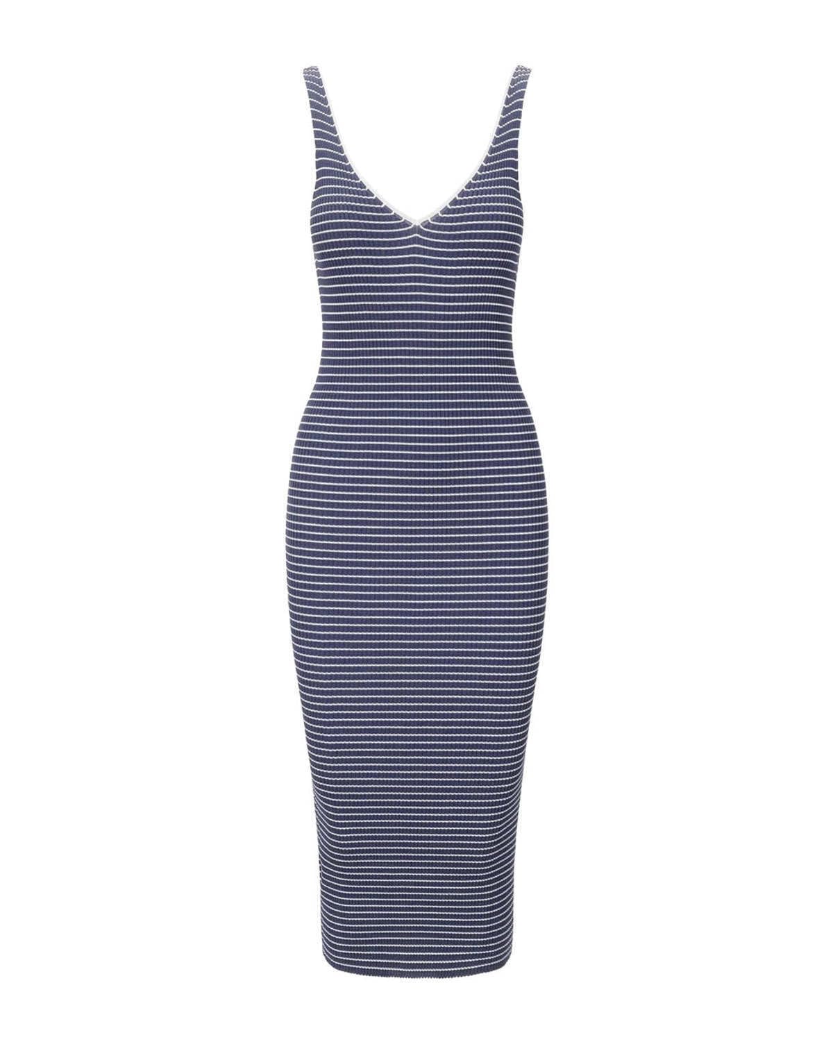 STAUD Women's Dana Navy & White Striped Sleeveless Knit Midi Dress - Perfect for Summer Beach Vacations, Brunch Dates & Office Wear