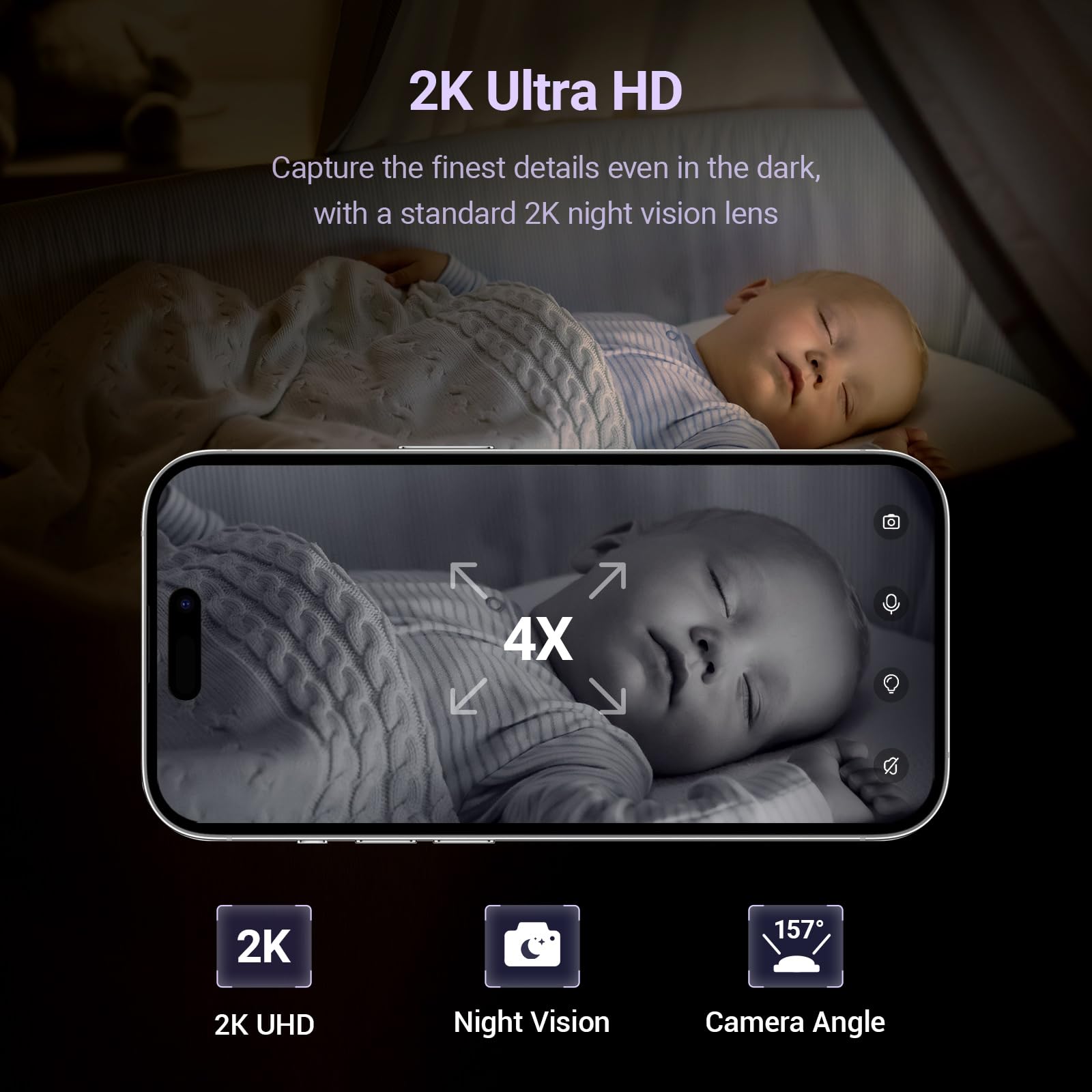 Smart Baby Monitor with AI - Contact-Free Breathing Tracker, Cry Detection & Safe Zone Alerts | 2K HD Video Camera with Night Vision | 2-Way Audio & Soothing Sounds | No Monthly Fee | Crib Mount | Perfect for Nursery, Daycare & Travel