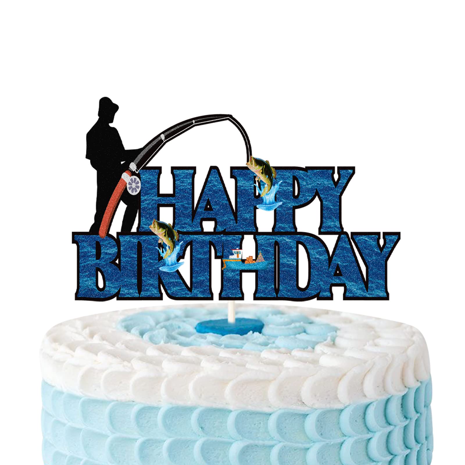 Fishing Happy Birthday Cake Topper - Fishing Pole & Fisherman Themed Cake Decorations for Birthday Parties | Perfect for Fisherman Birthday Cakes, Fishing Theme Celebrations & Outdoor Enthusiast Events