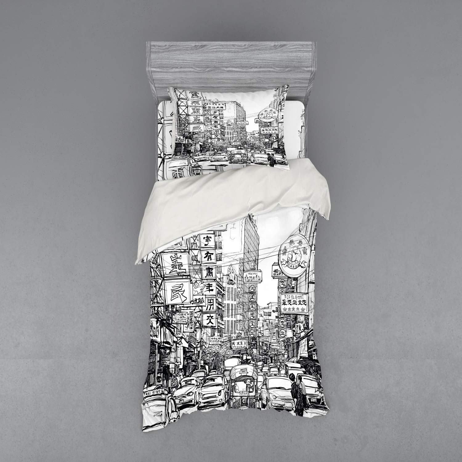 Ambesonne Sketchy Bedding Set - Chinatown Bangkok Street Art Duvet Cover 3-Piece Set with Pillow Sham & Fitted Sheet, Twin Size Black & White - Perfect for Urban-Themed Bedrooms & Asian-Inspired Home Decor