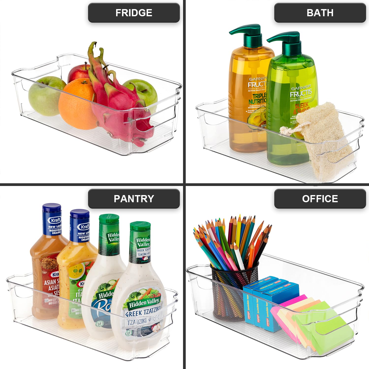 JINAMART Clear Plastic Pantry Organizer Set of 4 - Stackable Fridge Storage Containers for Vegetables, Fruits & Leftovers - Refrigerator Organizer Bins for Kitchen Cabinet & Countertop Storage