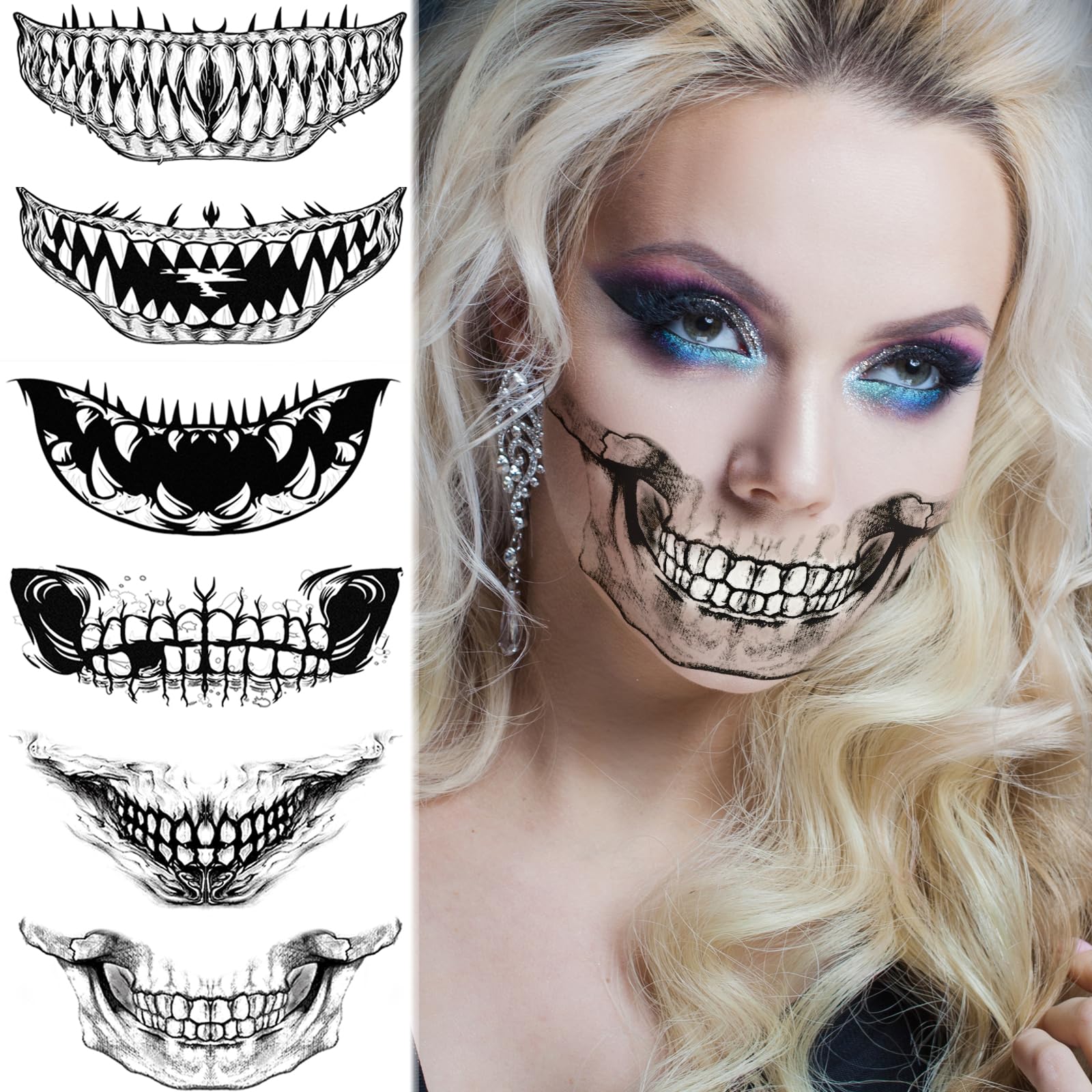 Halloween Face Tattoos & Fake Skeleton Stickers - Vampire Costume Accessories for Women & Men, Skull Temporary Tattoos & Zombie Makeup Kit for Adults & Kids - Perfect for Halloween Parties, Cosplay, Costume Contests & Spooky Decorations