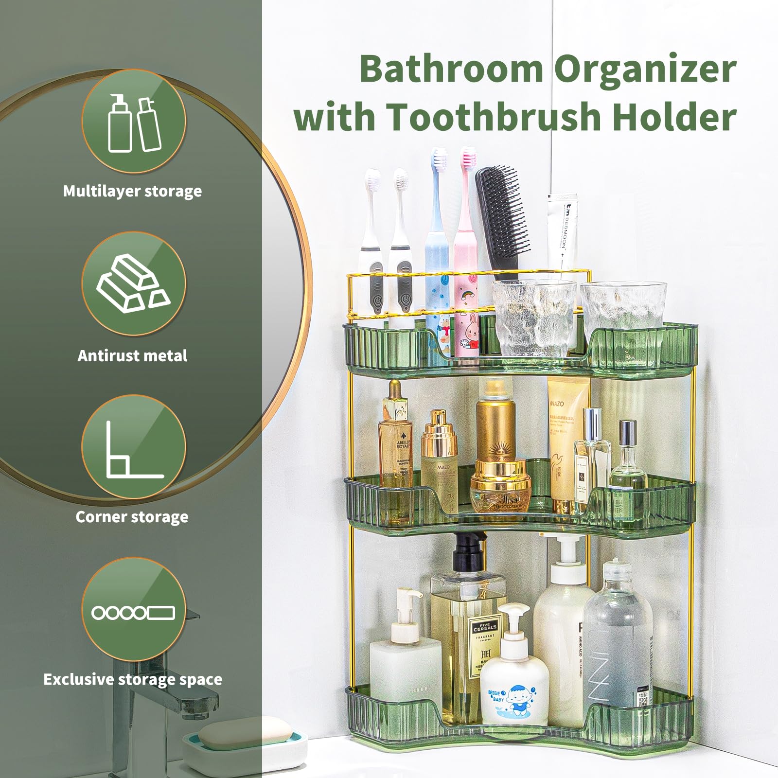 3-Tier Corner Makeup Organizer with Brush Holder - Green Vanity & Bathroom Storage for Cosmetics | Perfect for Small Spaces, Countertop Organization & Travel Essentials