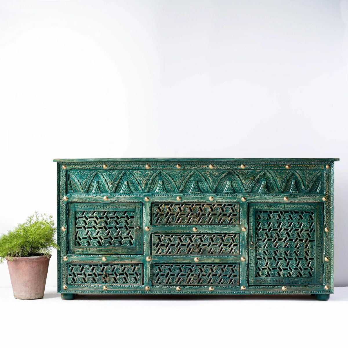 Hand Carved Antique Green Wooden Sideboard Buffet Table - Vintage Style Storage Cabinet for Dining Room, Living Room & Home Decor