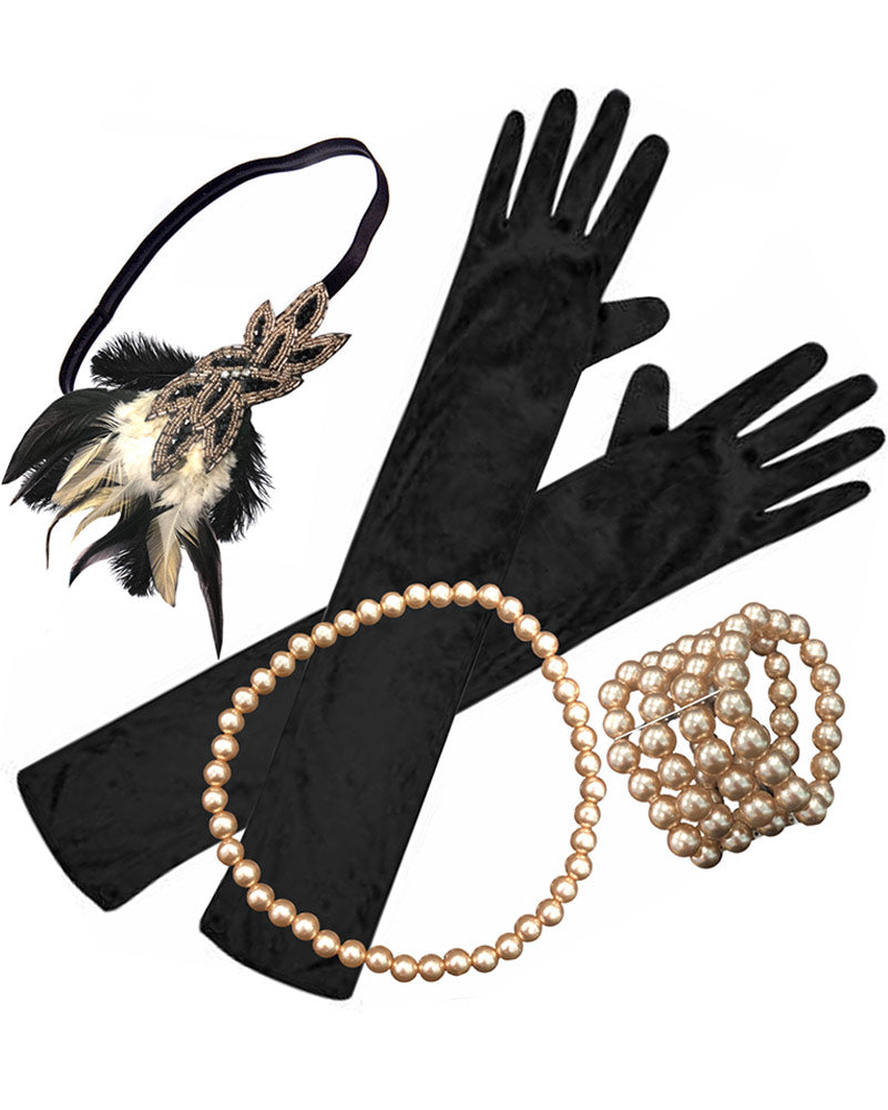 20s Deluxe Rose Gold Gatsby Kit - Vintage Gloves, Necklace, Bracelet & Headband Set for Women - Perfect for 1920s Themed Parties, Halloween Costumes & Flapper Dances