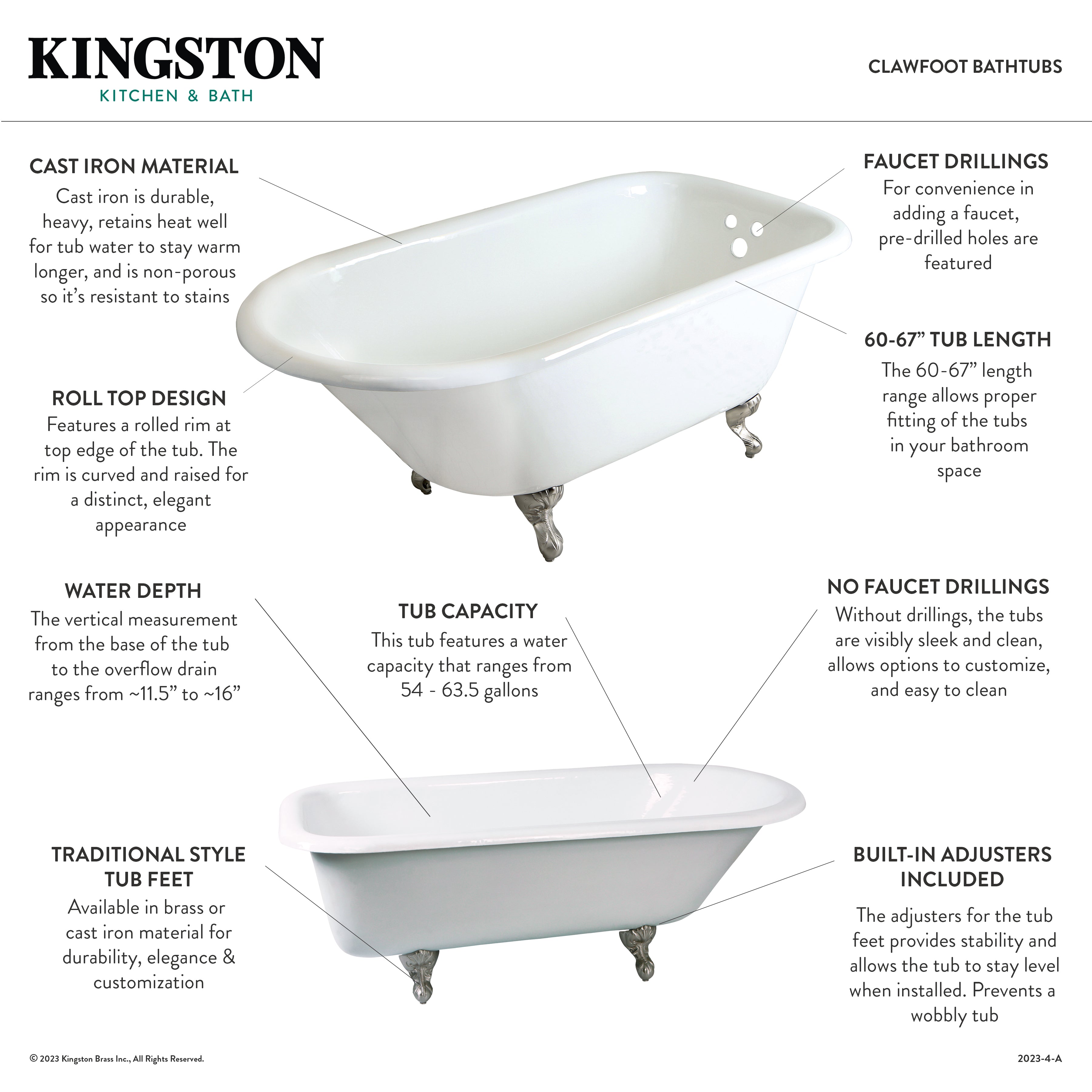 Aqua Eden 60 Inch Cast Iron Clawfoot Bathtub - Oval Roll Top Design with 3 3/8 Inch Wall Drillings in White & Matte Black | Vintage Freestanding Soaking Tub for Luxury Bathroom & Spa Retreat