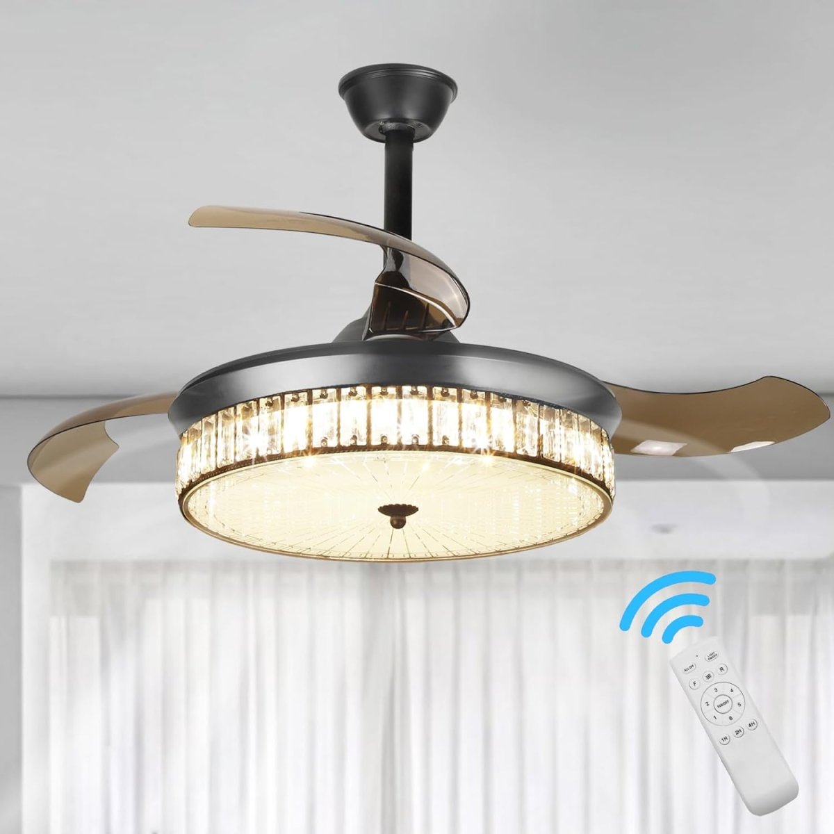 Depuley 42 Inch Retractable Crystal Ceiling Fan with Light Kit & Remote Control - Modern Fandelier with Reversible Invisible Blades, 3 Color Temperatures & 6 Speed Settings - Ultra Quiet Chandelier Ceiling Fan for Bedroom, Living Room, Dining Room & Office - Perfect for Home Decor and Air Circulation