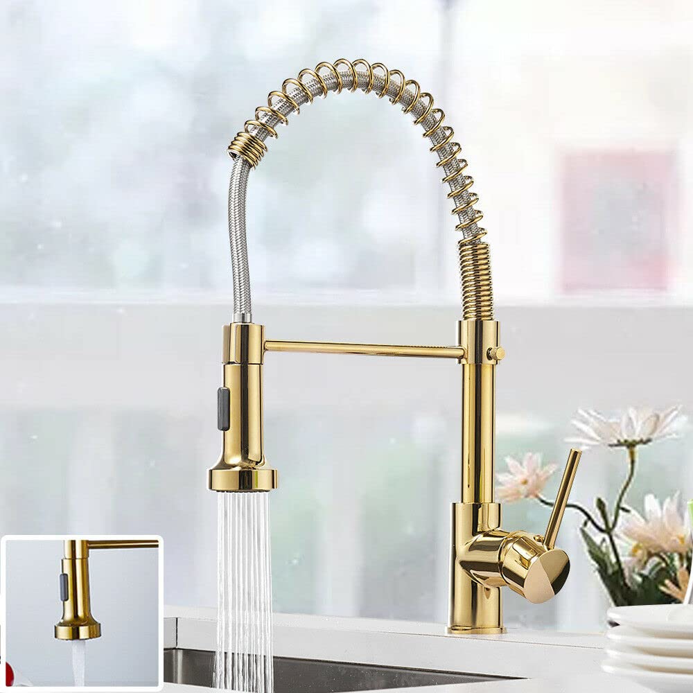 Brass Kitchen Sink Faucet with Dual Sprayer - Hot & Cold Water Mixer Tap with 360° Swivel Spout & Pull Out Spray - Gold Finish for Modern Home Kitchen Renovation