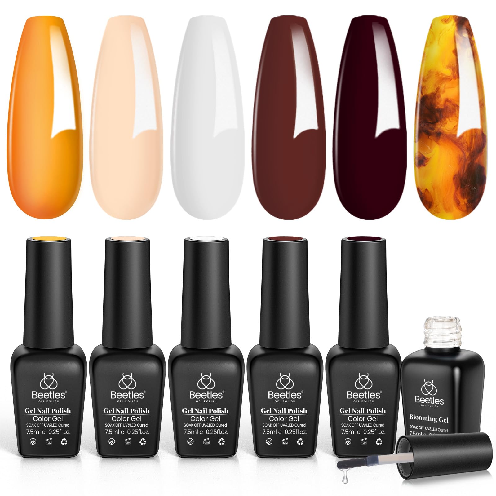 Beetles 5 Colors Gel Nail Polish Set with Blooming Gel - Amber Attraction & White Wine Shades - Soak Off UV/LED Gel Polish Kit for Women - Perfect for Nail Art, Salon & Home Manicures