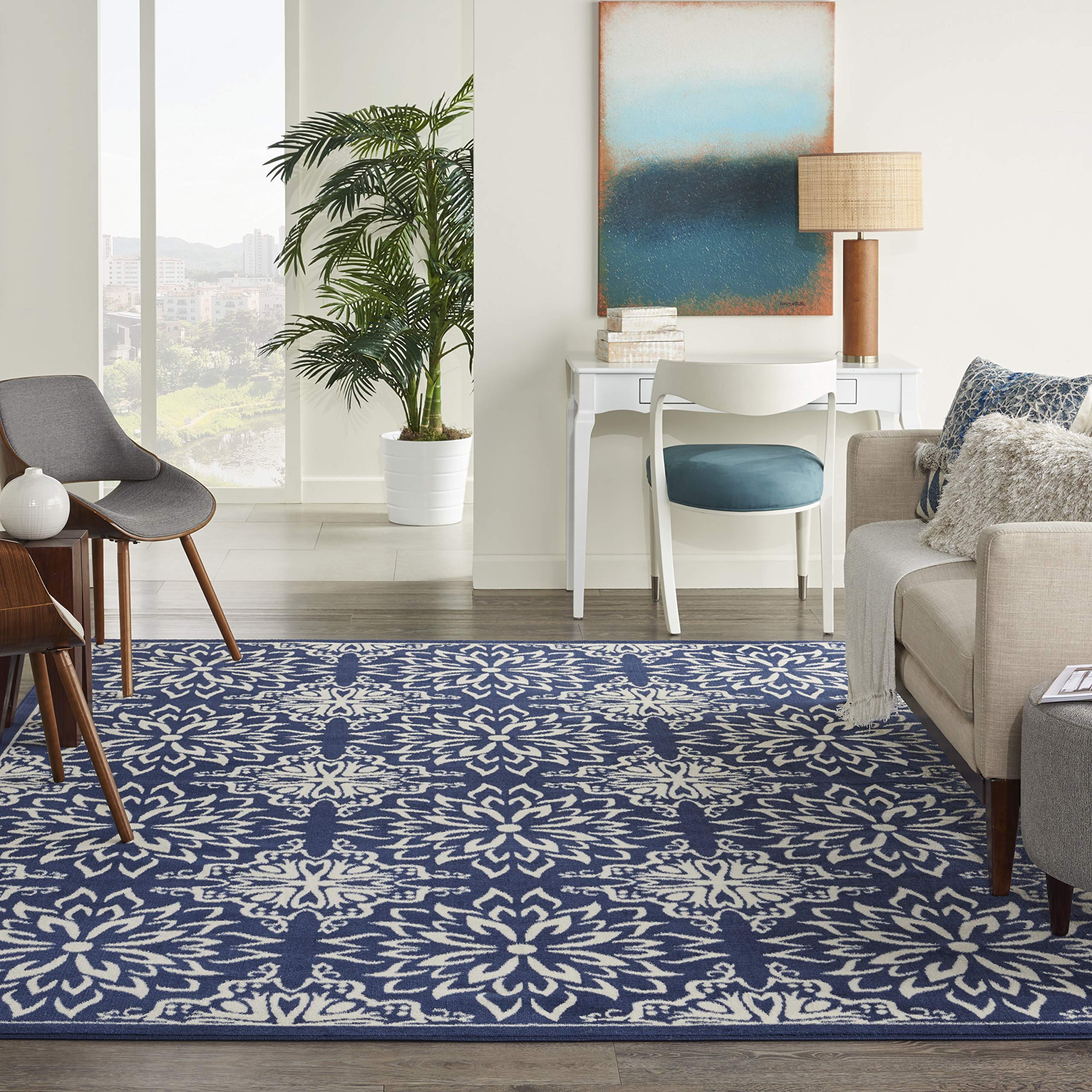 Nourison Jubilant Floral Navy/Ivory 8x10 Area Rug - Easy to Clean, Non-Shedding, Soft & Durable - Perfect for Living Room, Bedroom, Dining Room or Kitchen Decor