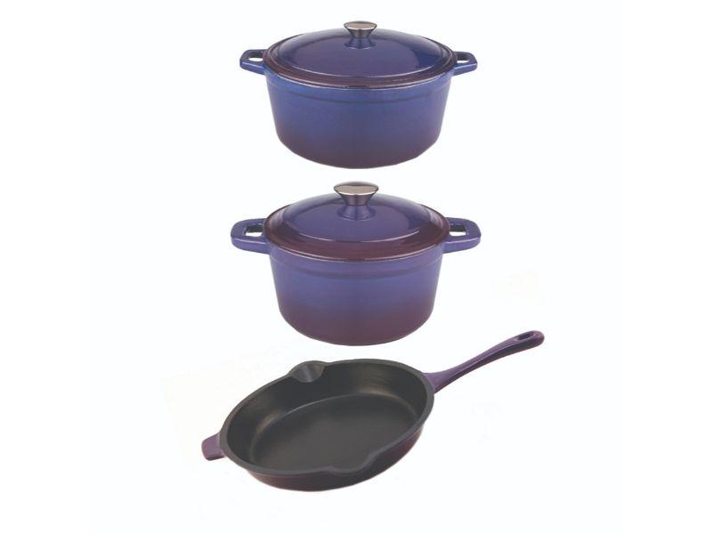BergHOFF Neo 5-Piece Cast Iron Dutch Oven Set with 10-Inch Fry Pan, 3-Quart & 5-Quart, Purple – Perfect for Braising, Stewing, Baking, and Camping Cooking