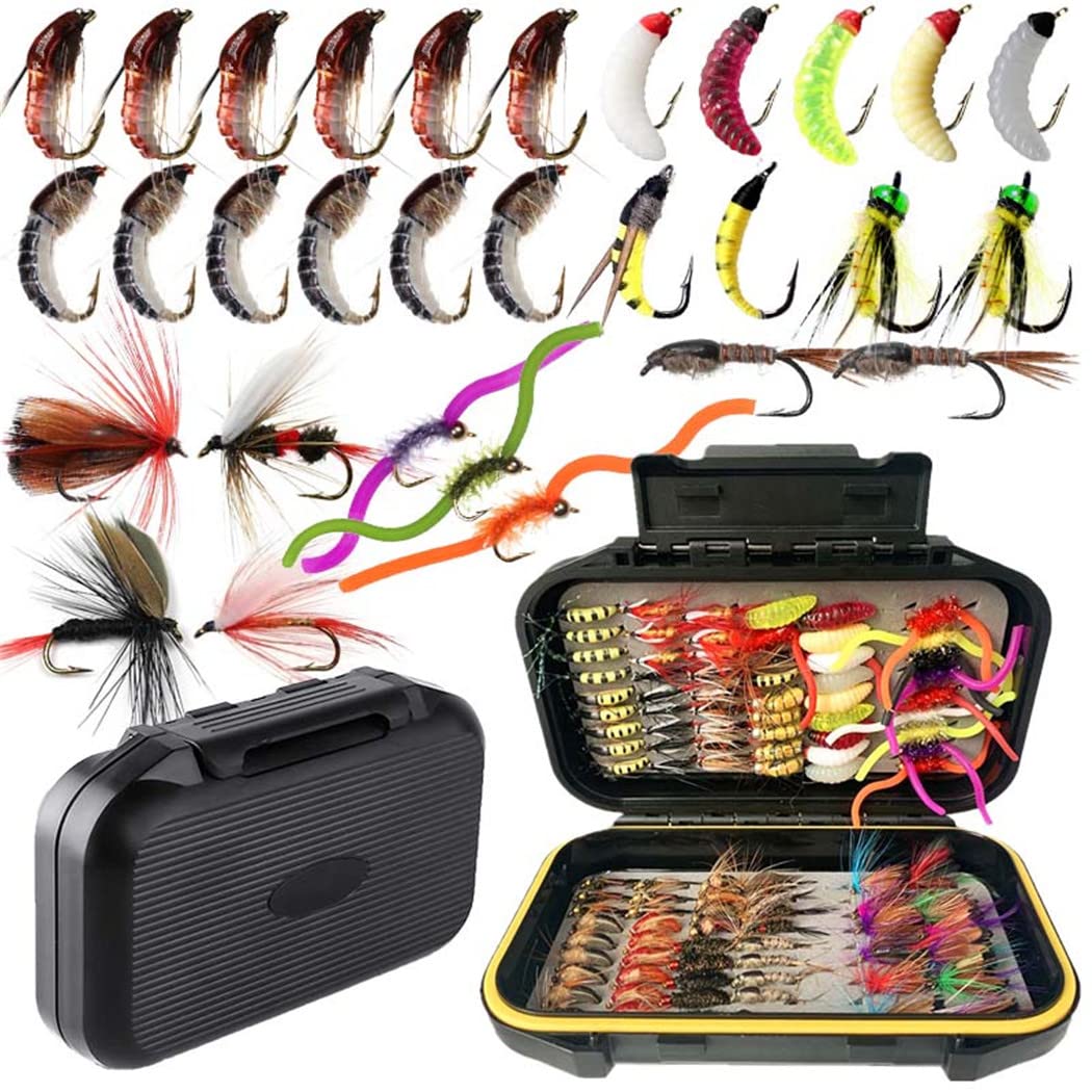 **40/72/102pcs Fly Fishing Flies Assortment Kit - Dry/Wet Bass Flies, Streamers & Nymphs for Trout, Salmon & Bass - Portable Fly Box Included - Perfect for Freshwater & Saltwater Fishing**