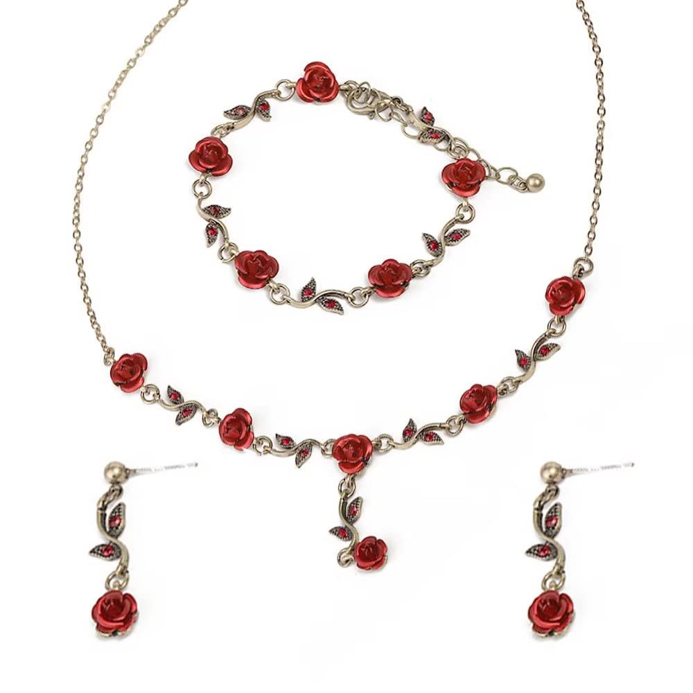 3 PCS Rose Red Jewelry Set for Women - Necklace, Earrings & Bracelet, Romantic Floral Pendant Gift for Brides, Wedding, Anniversary, Valentine's Day | Perfect for Date Night, Prom, Party & Special Occasions