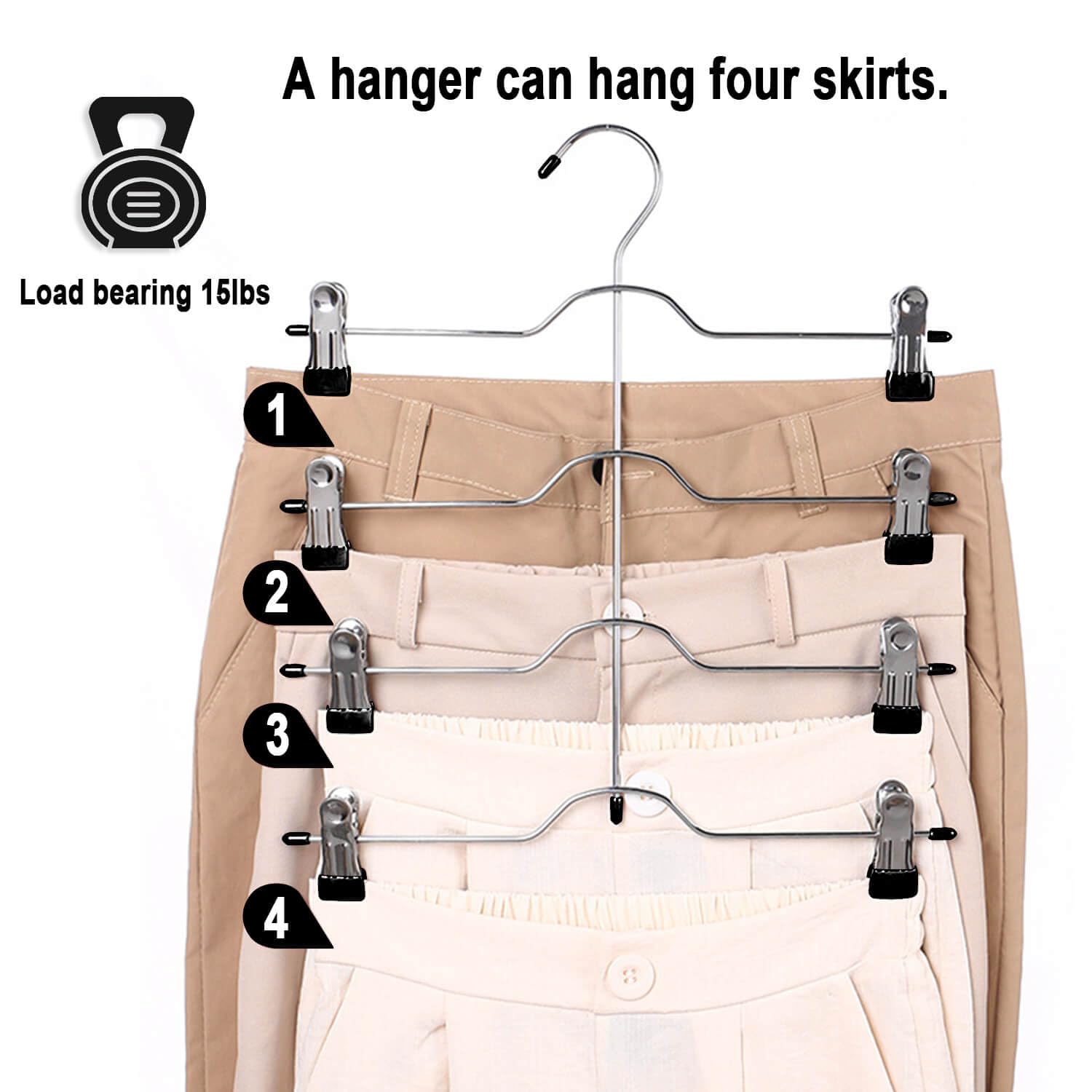 4 Tier Space Saving Skirt Hangers - Heavy Duty Metal Non-Slip Closet Organizer for Pants, Shorts & Clothes - Dorm Room Essentials (Black, 3 Pack) - Perfect for Small Spaces & Wardrobe Organization