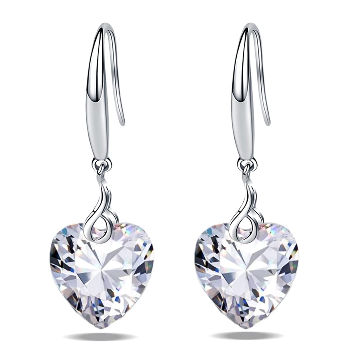 925 Sterling Silver Heart Dangle Earrings for Women - 10mm Cubic Zirconia Drop Earrings, White Gold Plated Jewelry Gift for Girls, Perfect for Valentine's Day, Anniversary & Special Occasions