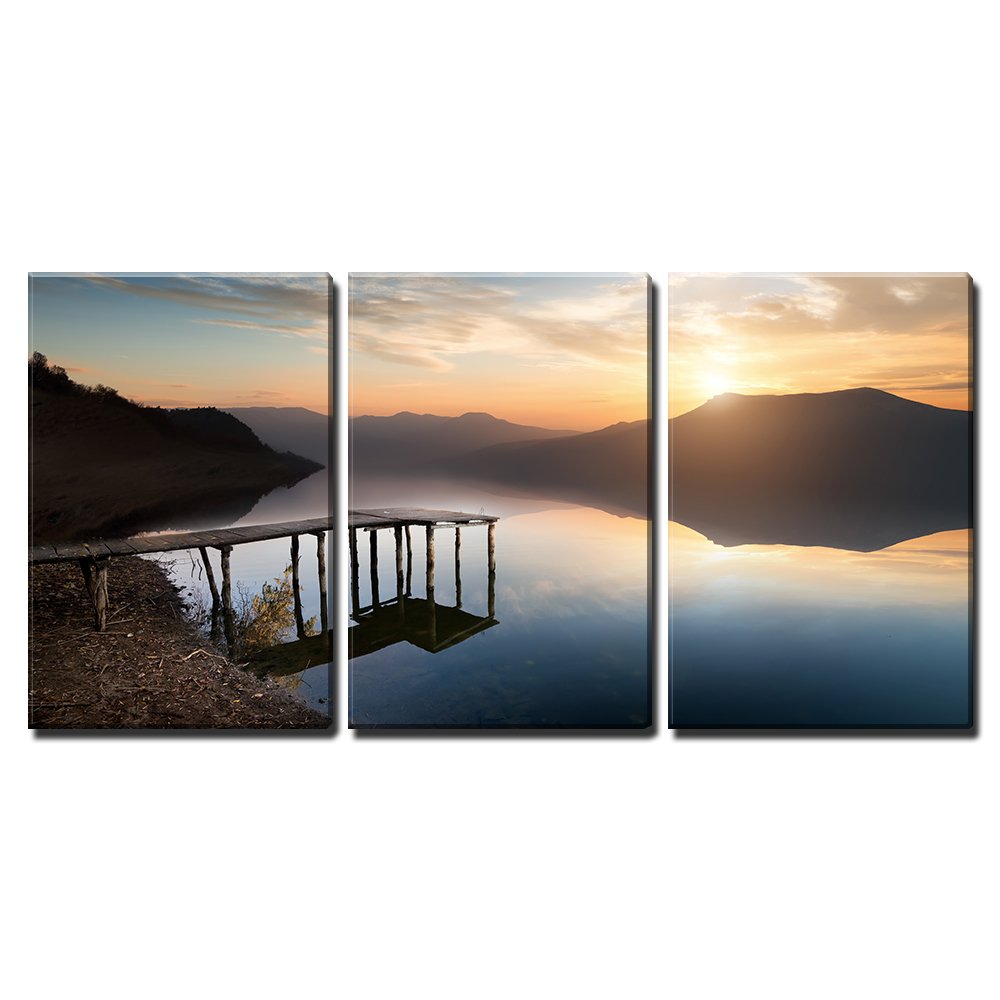 Wall26 - 3 Piece Canvas Wall Art Set - Fishing Jetty on Mountain River at Sunset - Modern Stretched Framed Ready to Hang Home Decor - 16