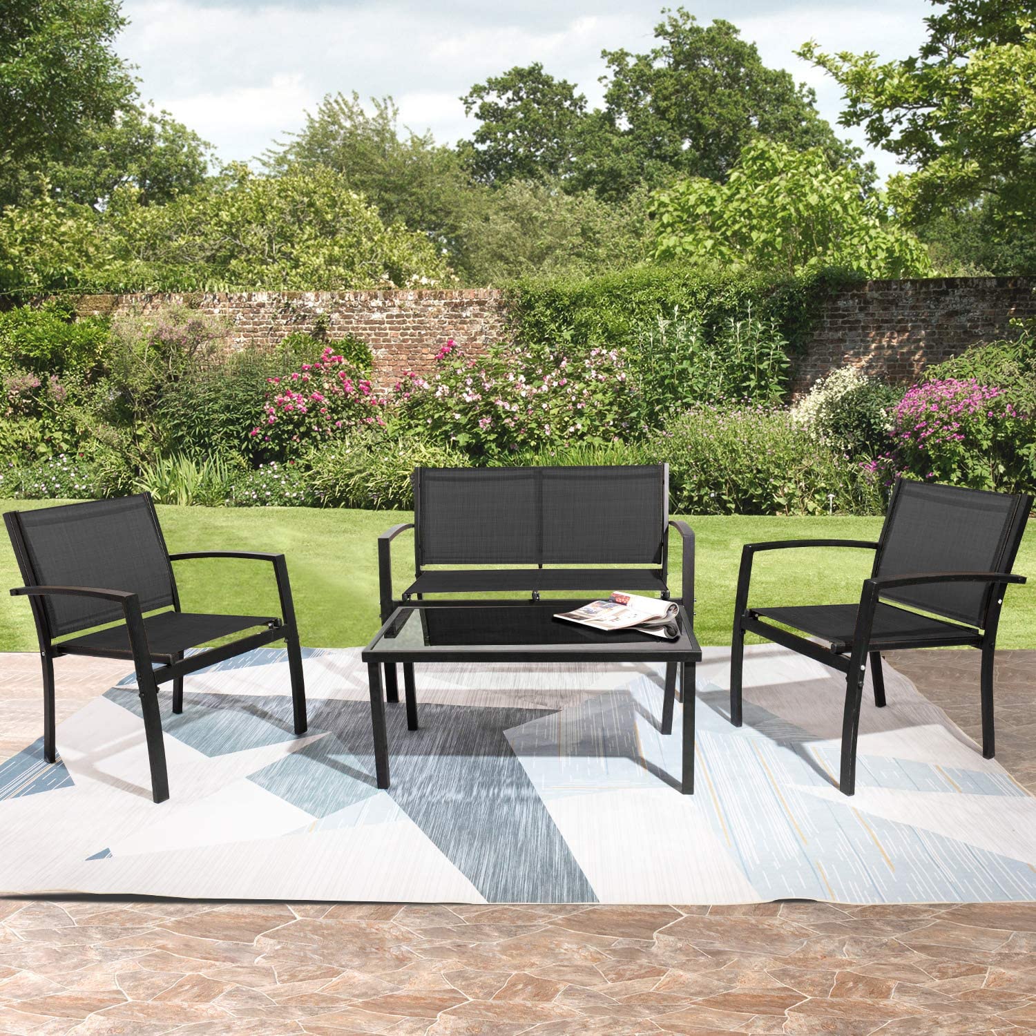 Tuoze 4-Piece Outdoor Patio Furniture Set with Glass Coffee Table - Black Bistro Conversation Set for Garden, Yard, Lawn & Balcony | Perfect for Relaxing, Entertaining & Outdoor Dining