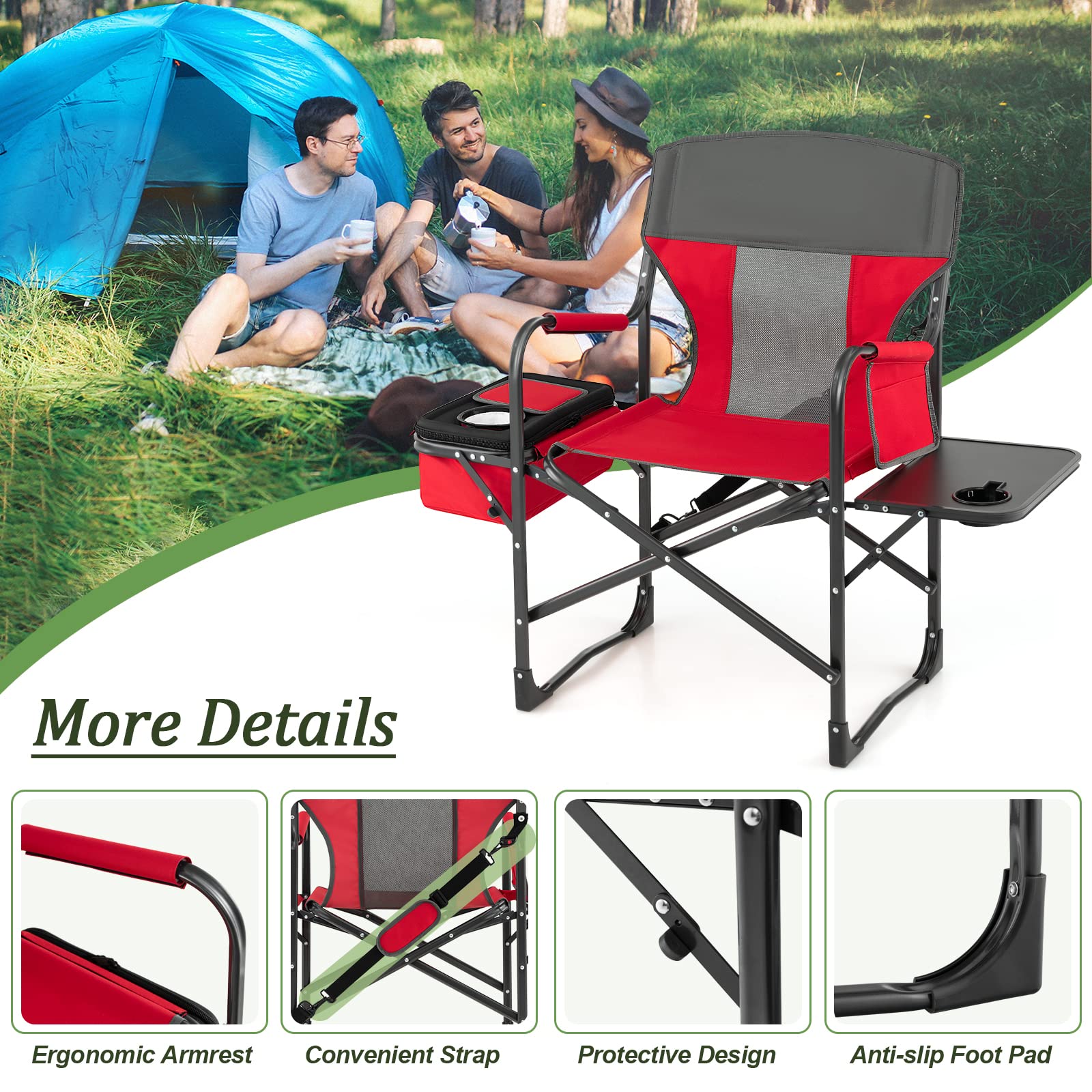 Giantex Heavy Duty Folding Camping Chair with Side Table & Cooler Bag - Portable Director's Chair with Storage Pocket, Shoulder Strap & Handle - 400 lbs Weight Capacity - Perfect for Outdoor Camping, Fishing, Picnics, Makeup Artists & Photographers (Red)