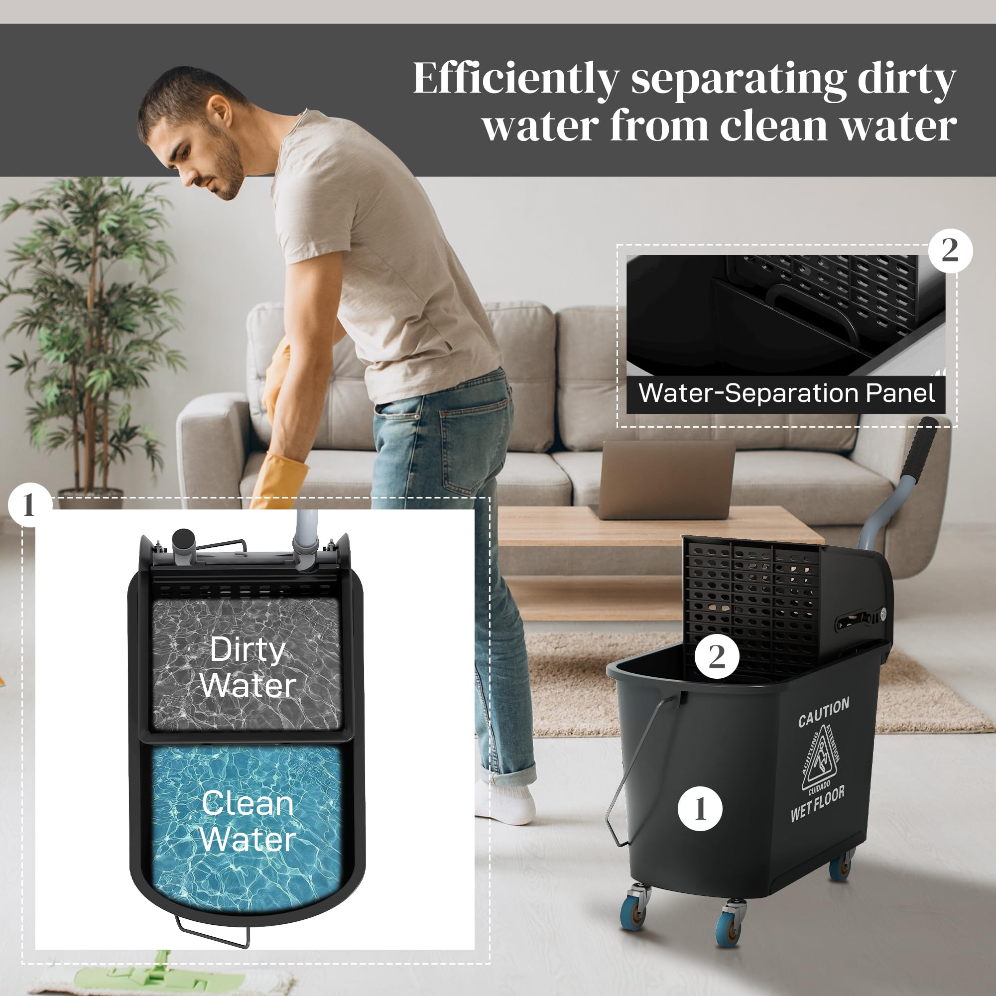 HOMCOM 21 Quart Mop Bucket with Wringer on Wheels - Dual Chamber for Dirty & Clean Water Separation - Easy Floor Cleaning Solution for Home, Office & Commercial Use - Black