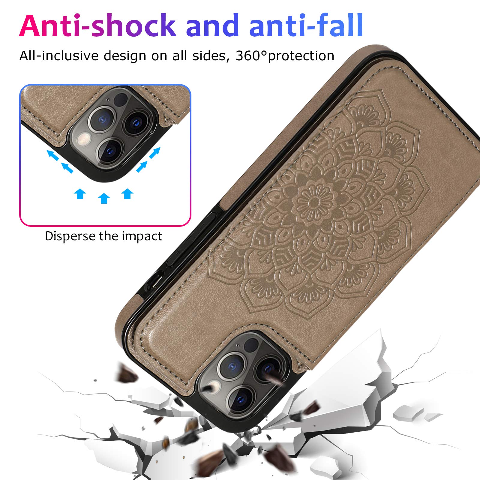 Premium PU Leather Mandala Flower Embossed Wallet Case for iPhone 12 Pro Max - Magnetic Flip Cover with Card Holder & Shockproof Protection (SKM Gray) - Perfect for Daily Use, Travel & Business Meetings