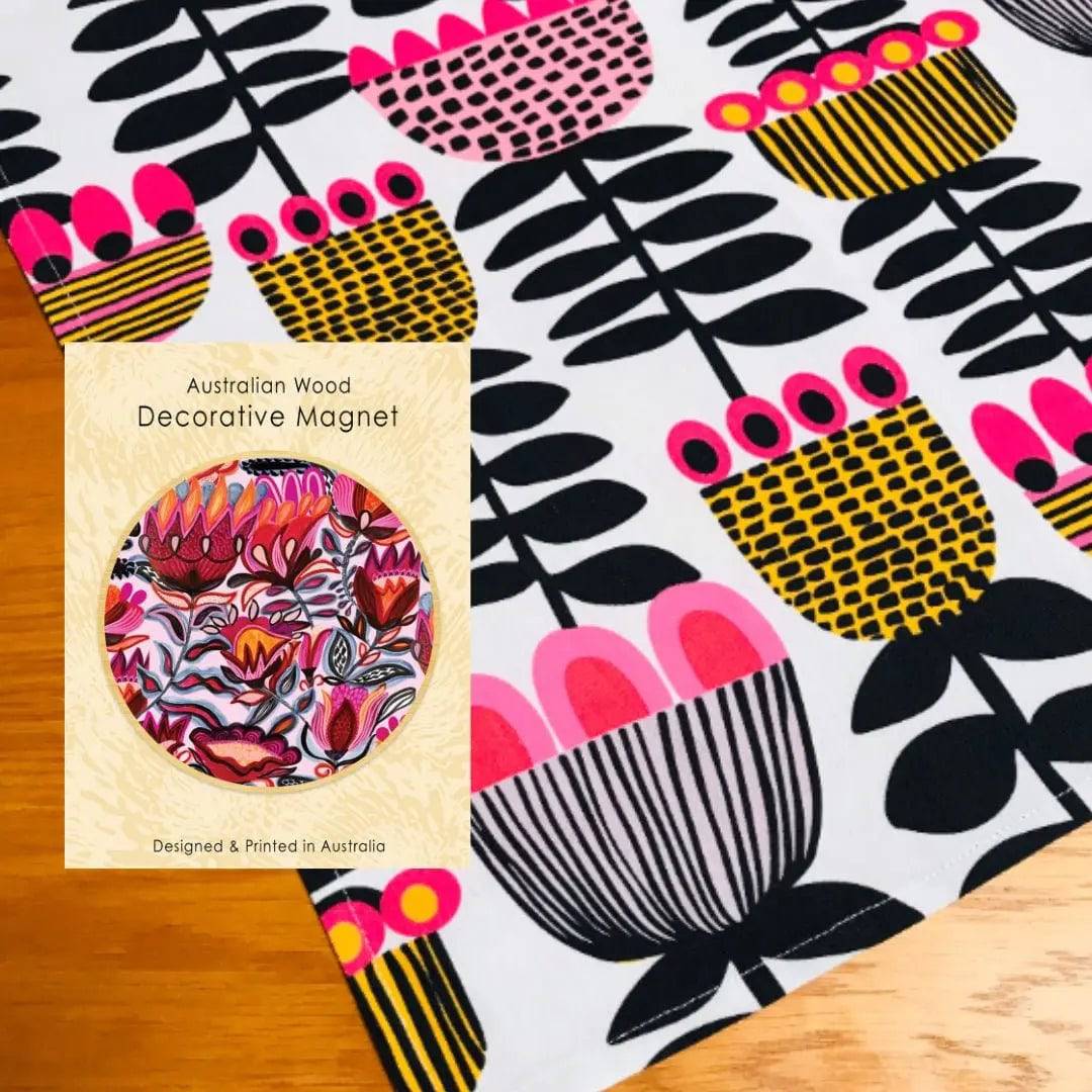 Folk Flowers Tea Towel & Wooden Fridge Magnet Gift Set - Handmade Cotton Kitchen Towel with Decorative Floral Wood Magnet - Perfect for Housewarming, Bridal Shower & Kitchen Decor Gifts