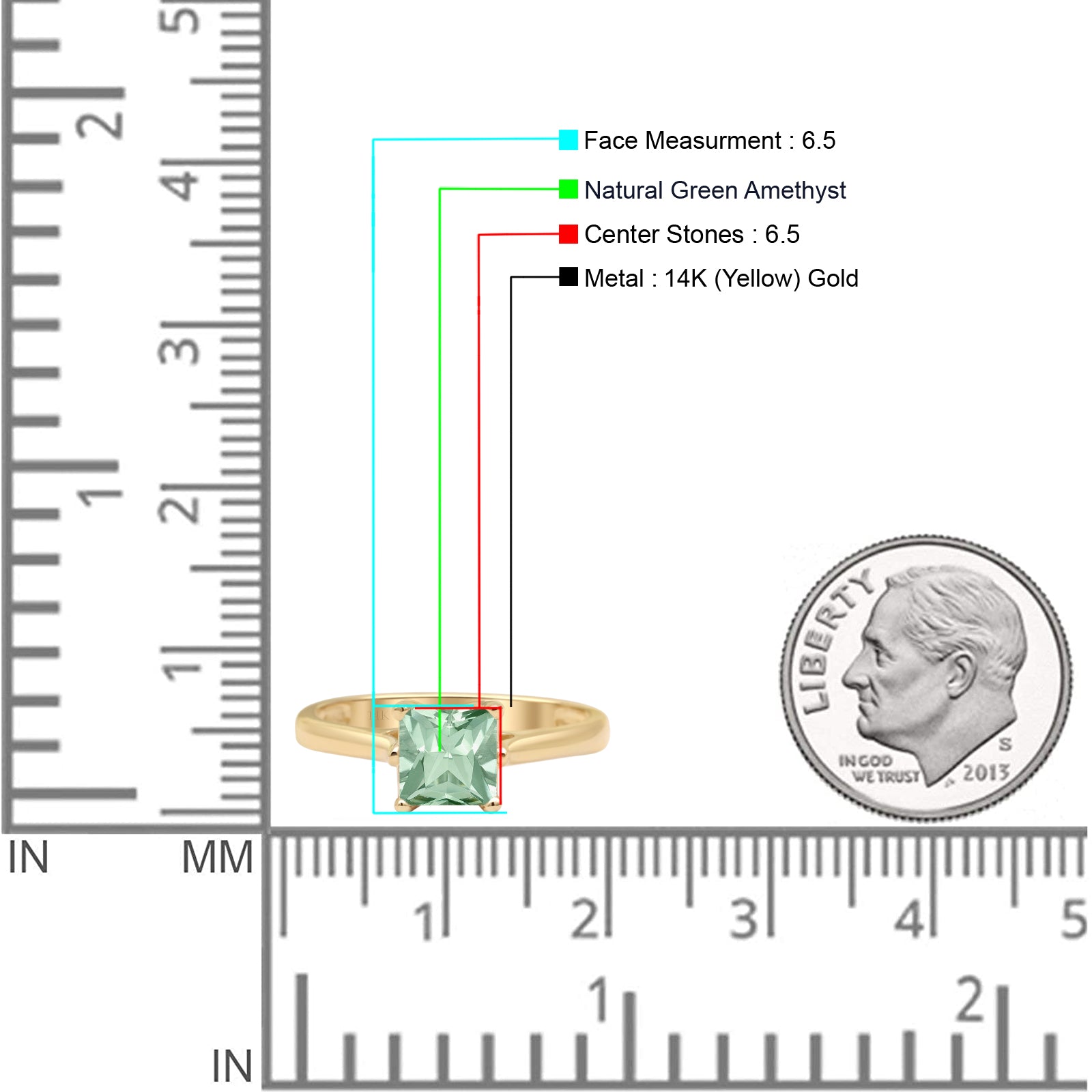 14K Yellow Gold Princess Cut Solitaire Natural Green Amethyst Prasiolite Ring for Women - Elegant Birthstone Jewelry Gift for Anniversary, Engagement & Special Occasions