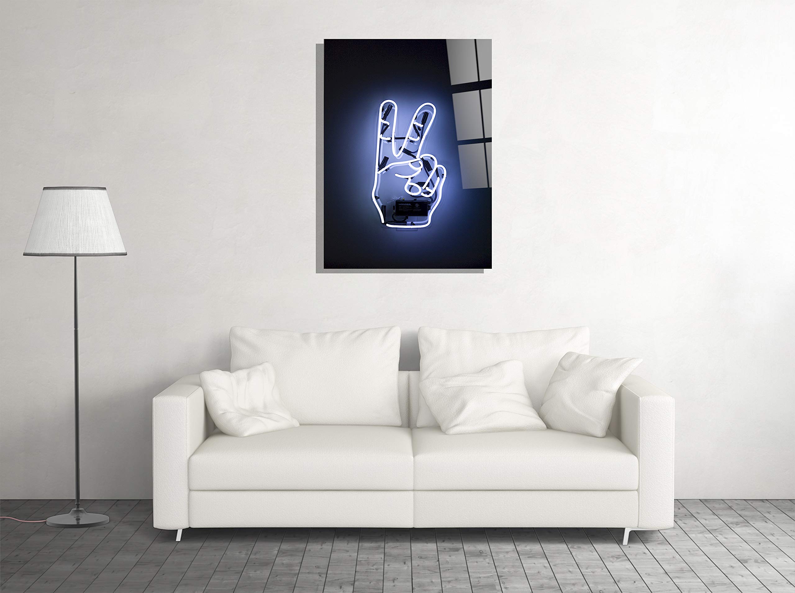 Neon Hand Peace Sign Tempered Glass Wall Art - Modern Home, Bar, Office & Hotel Decor - Unique Gift Idea (16x24) - Perfect for Living Rooms, Bedrooms & Commercial Spaces