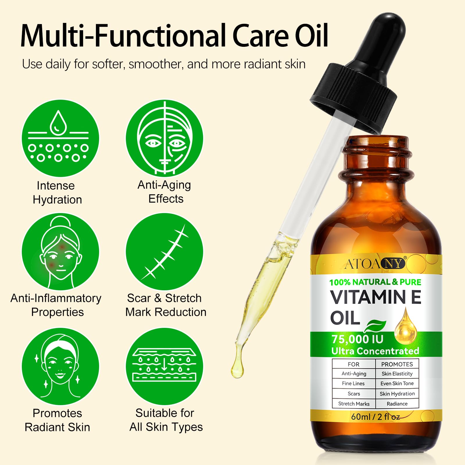 75,000 IU Ultra Pure Organic Vitamin E Oil for Face & Skin Care - 2 Pack - Hydrates & Nourishes Dry Skin, Reduces Wrinkles & Scars - Perfect for Night Routine & DIY Beauty Treatments