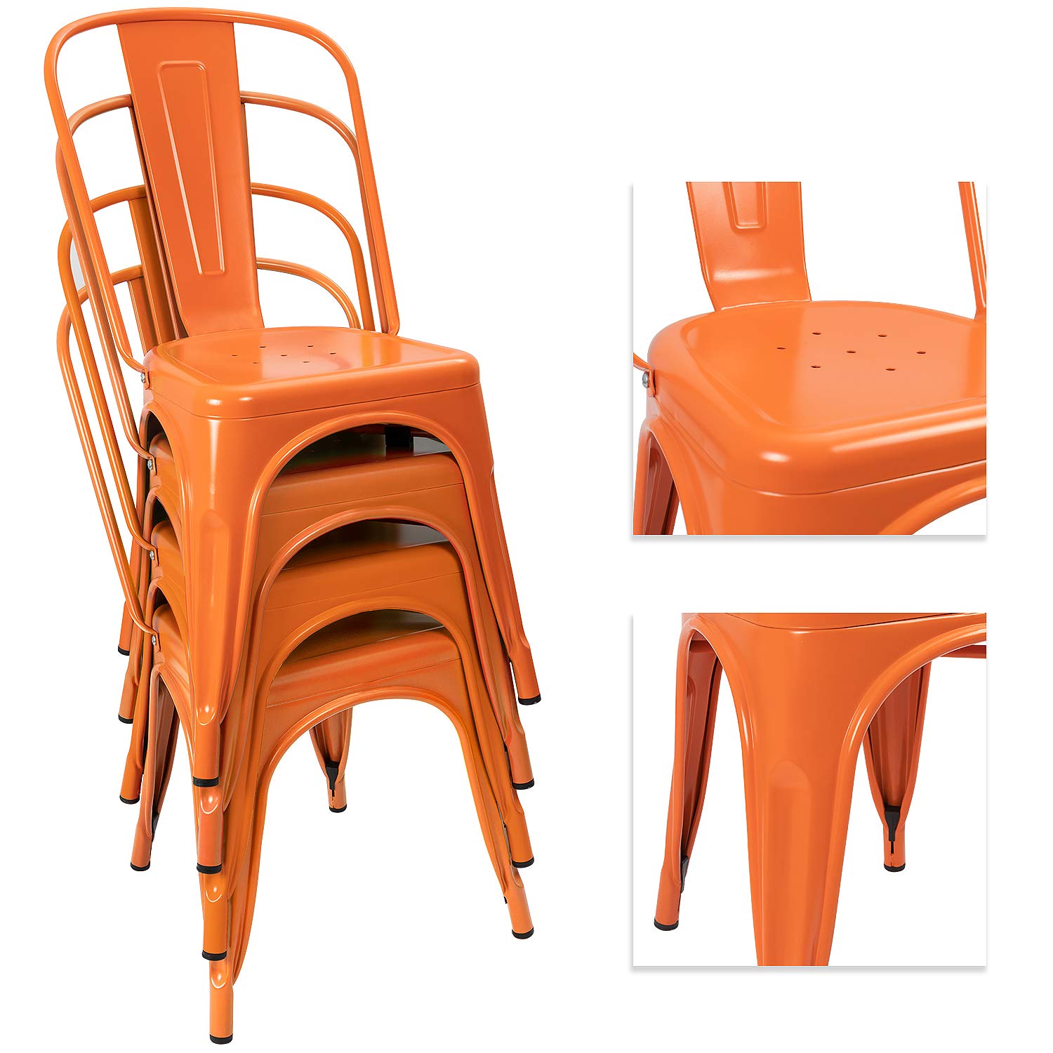 Devoko 4-Piece Stackable Metal Indoor-Outdoor Dining Chairs - Distressed Orange Kitchen & Side Chairs with Back Support | Perfect for Patio, Restaurant, Cafe & Home Dining