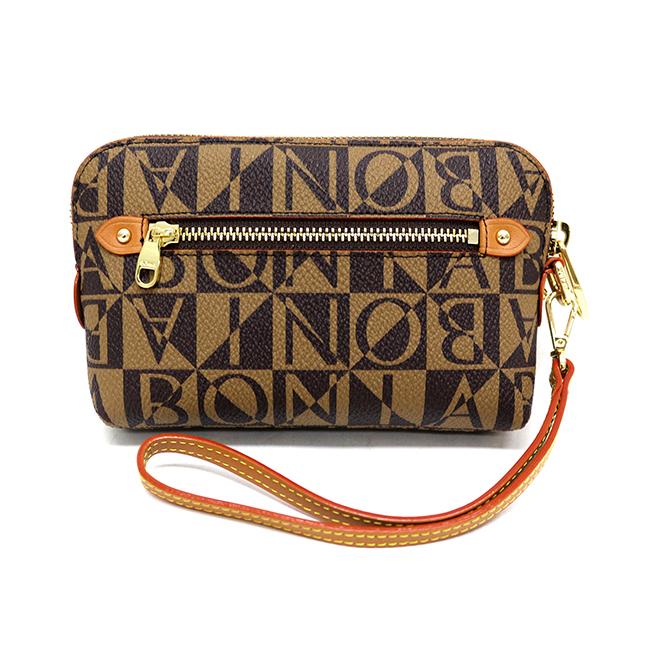 Bonia Monogram Zipper Pouch - Stylish Brown Leather Cosmetic Bag for Women | Perfect for Makeup, Travel & Everyday Essentials