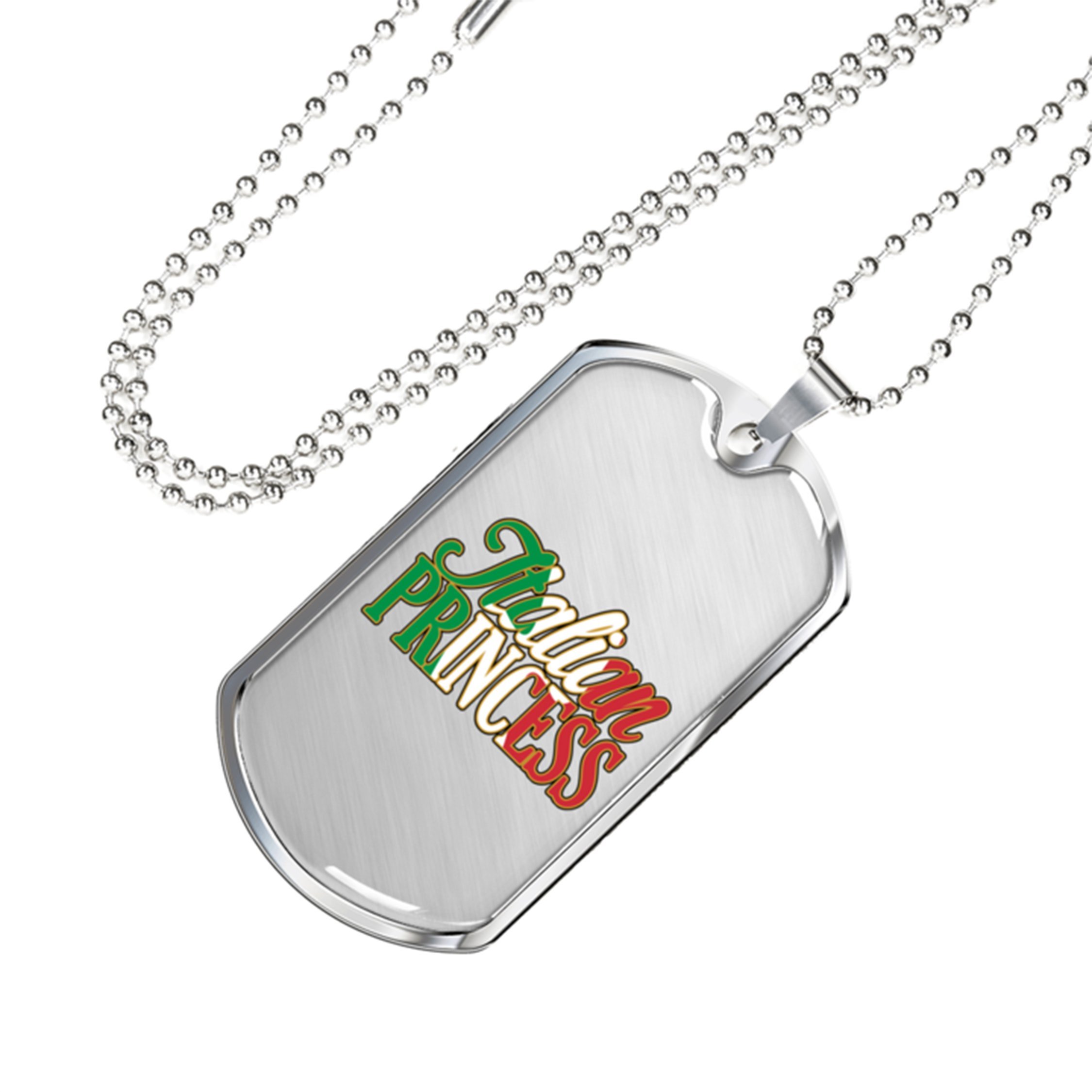 Silver Italian Princess Dog Tag Necklace with Military Chain - Personalized Glass Dome Pendant on Surgical Steel | Engravable Italian-Themed Jewelry for Women | Gift for Her, Birthday, Anniversary & Special Occasions