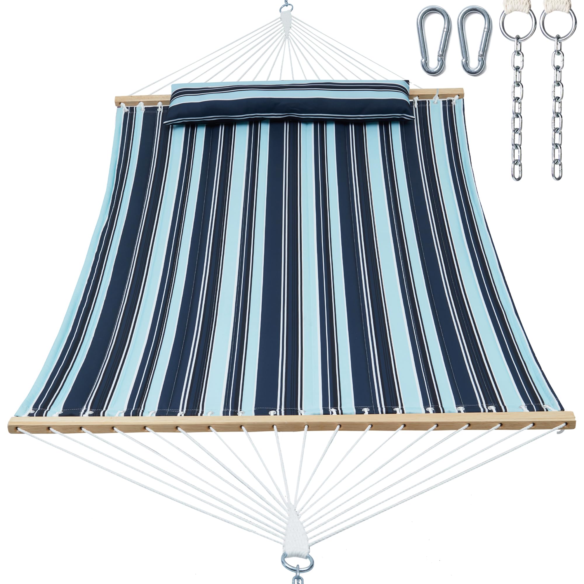 Double Quilted Fabric Hammock with Spreader Bar - 14ft Outdoor Hammock for 2 Persons, Fits 12-14ft Stands, Includes Removable Pillow & Storage Bag, Heavy Duty Carabiners Supports 475lbs (Misty Beach) - Perfect for Backyard Relaxation, Camping Trips & Beach Lounging