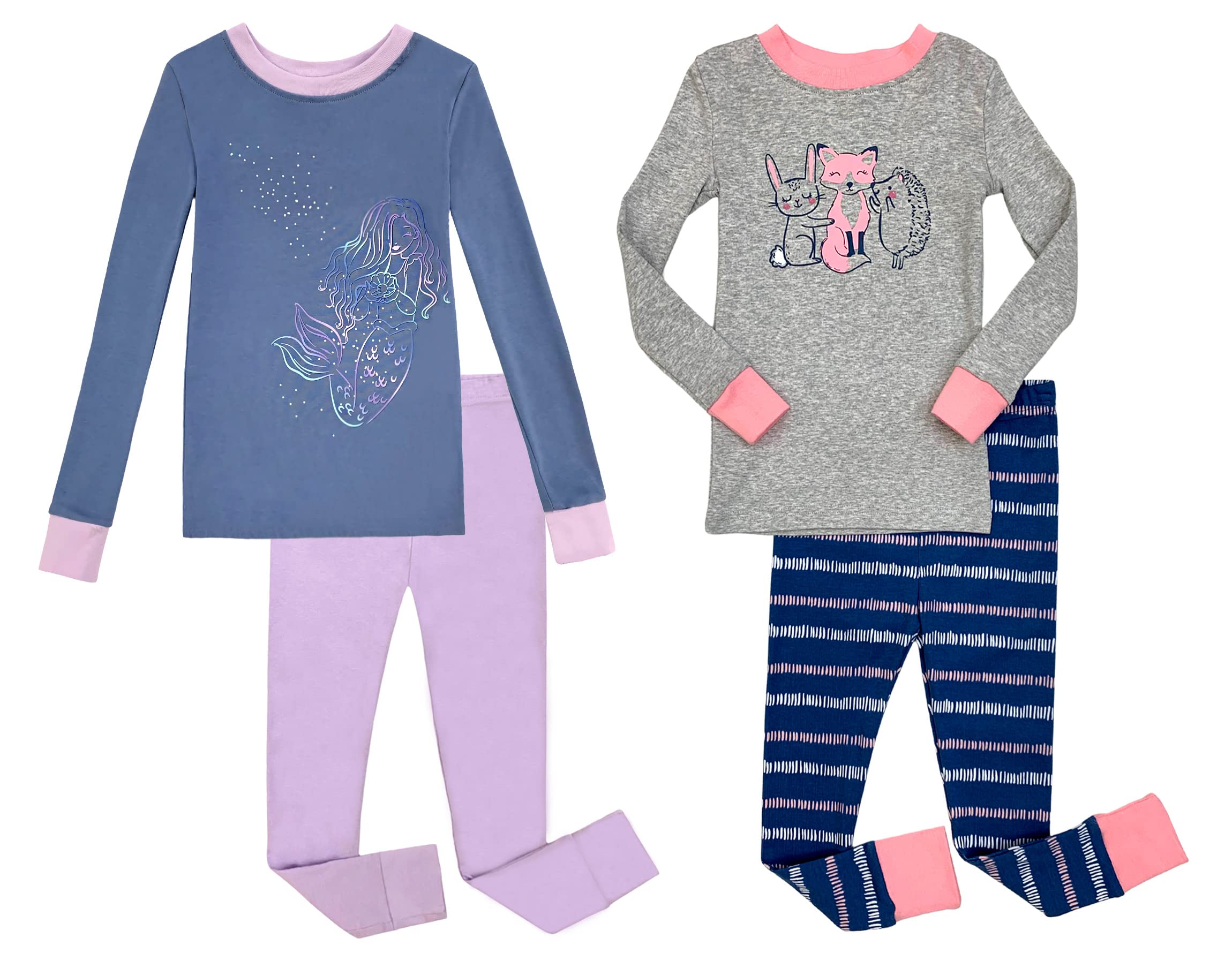 Prestigez Girls' Organic Cotton Snug-Fit 4-Piece Pajama Set - Soft & Comfortable Sleepwear for Kids, Perfect for Bedtime, Sleepovers & Cozy Nights