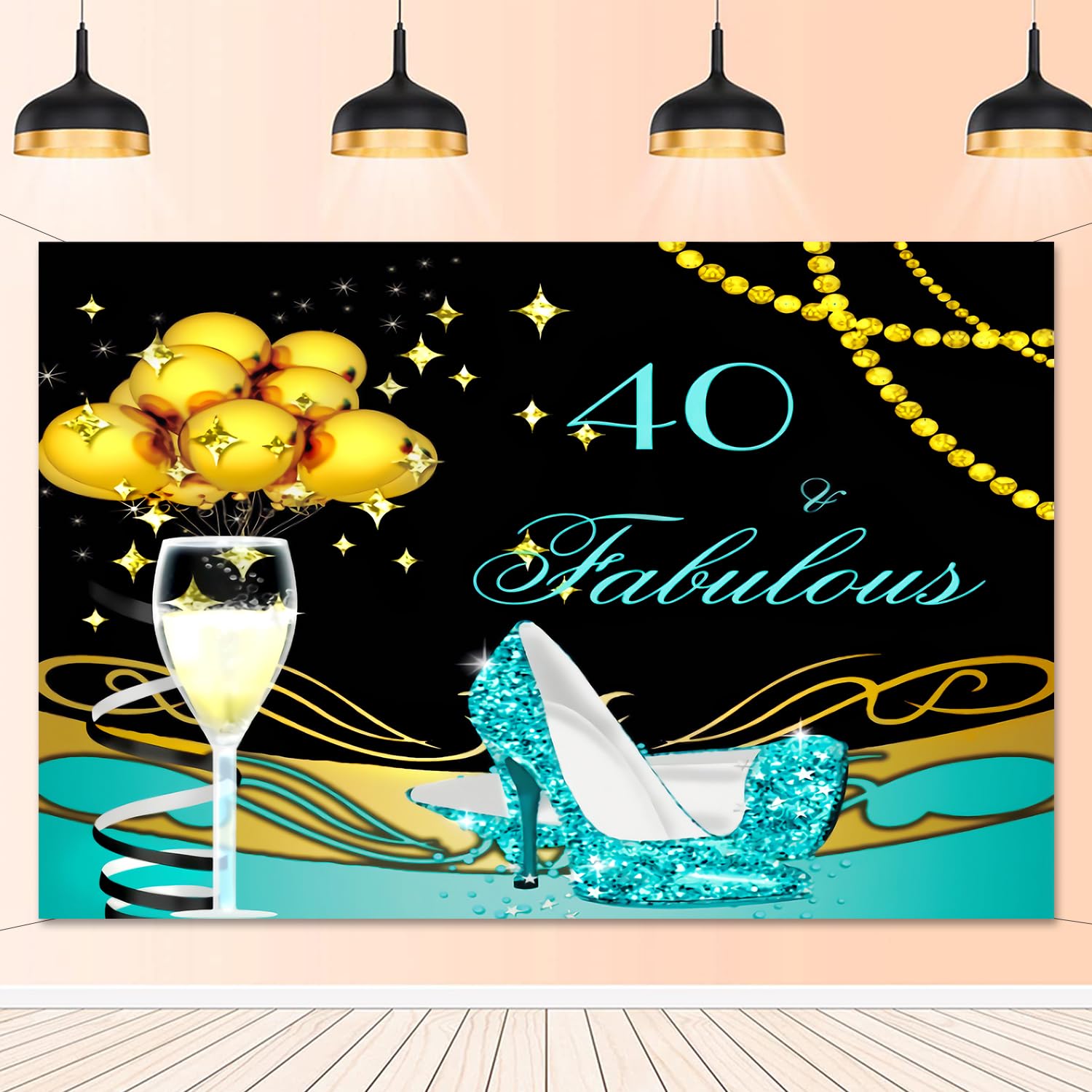 Teal Black Gold 40th Birthday Party Decorations Set - Shiny Sequin Backdrop Banner, High Heels & Champagne Glasses for Women's Milestone Celebration | Perfect for Photo Booths, Birthday Parties & Anniversary Events
