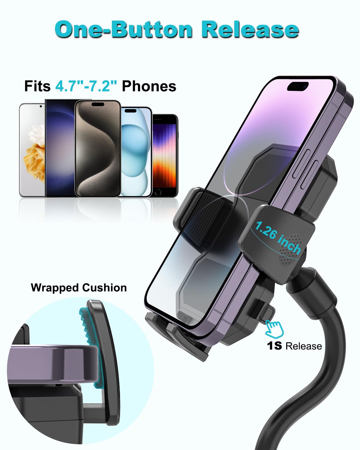 Universal Stroller Phone Holder - Adjustable Gooseneck Mount for Baby Strollers & Shopping Carts - One-Hand Operation Handlebar Clamp Compatible with iPhone 15 Pro Max/14/13/12, Galaxy S24 & All 4-7