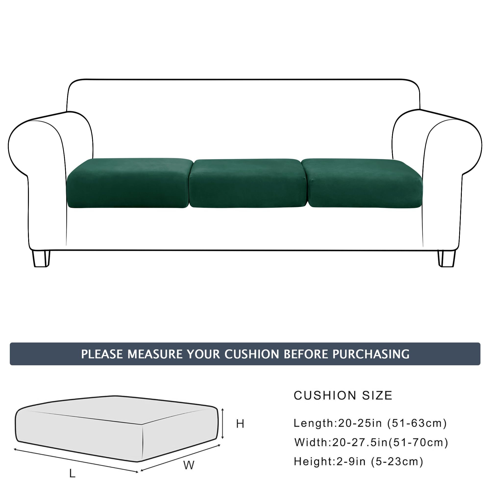 Soft Velvet Plush Stretch Cushion Cover - Elastic Bottom Sofa Slipcover Furniture Protector (Green, 3 Pack) - Perfect for Living Room, Bedroom & Office Decor