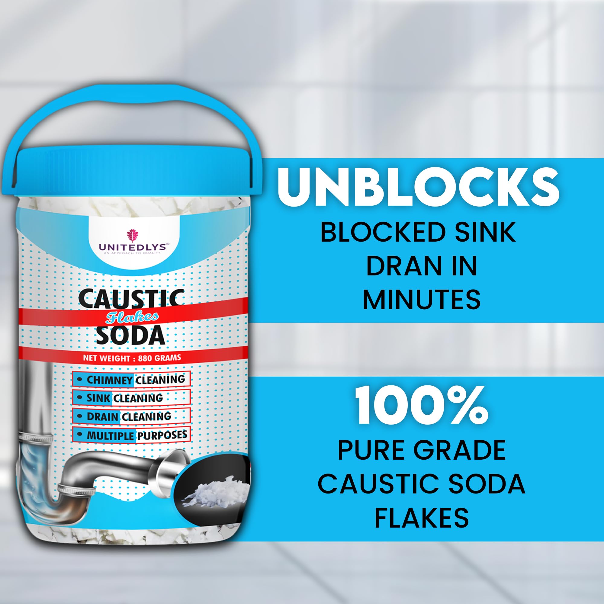 Unitedlys® Caustic Soda Drain Cleaner Powder 880G - Fast-Acting, Non-Toxic & Odorless Pipe Unclogger | Heavy-Duty Sink & Shower Drain Opener | Safe for Kitchen, Bathroom & Septic Systems | Professional-Grade Drain Maintenance Solution