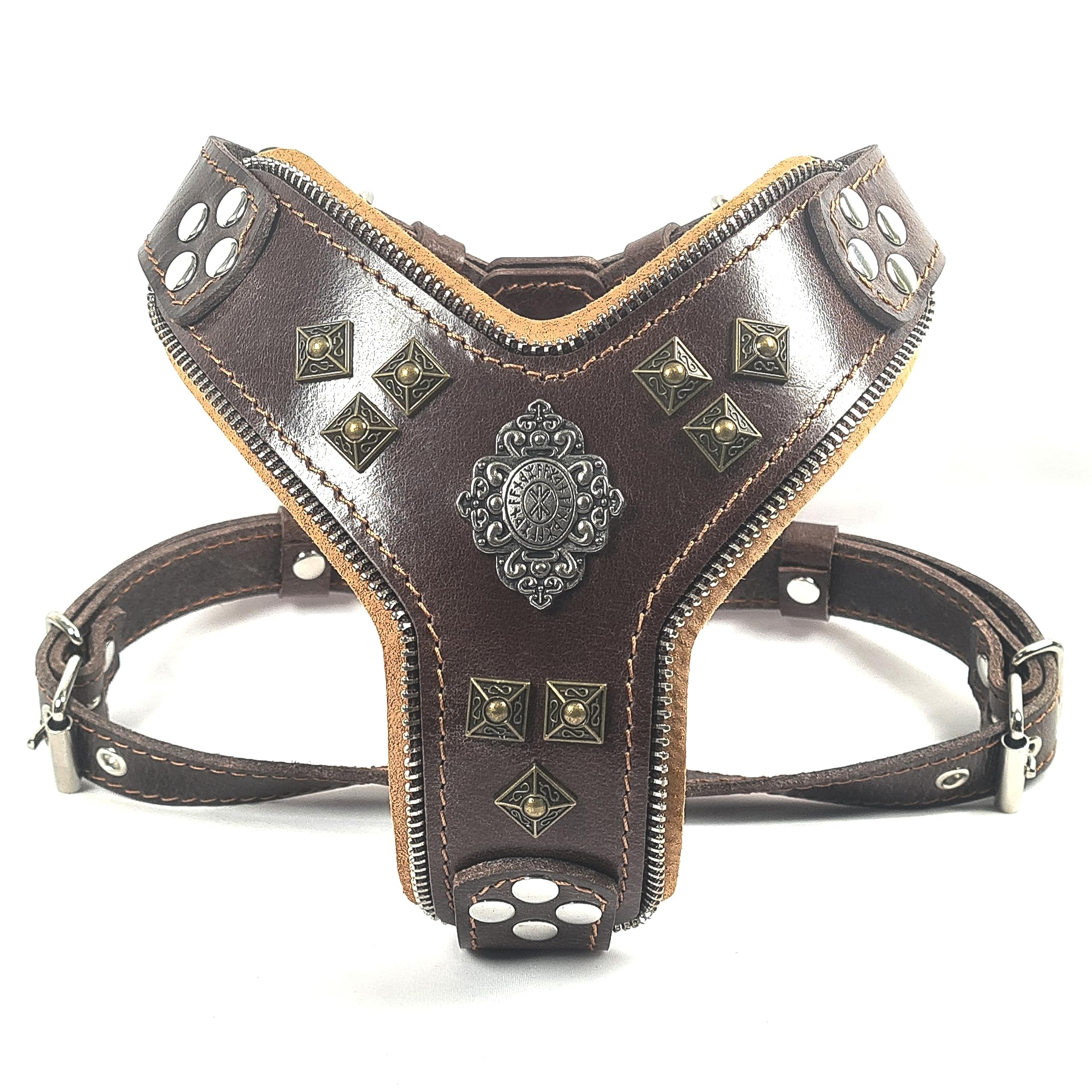 Bestia Aztec Big Dog Leather Harness – 2-Tone Rivet & Zipper Decorations – Foam & Leather Padding – Handmade in Europe – Perfect for Large Breed Dogs, Training, and Outdoor Adventures