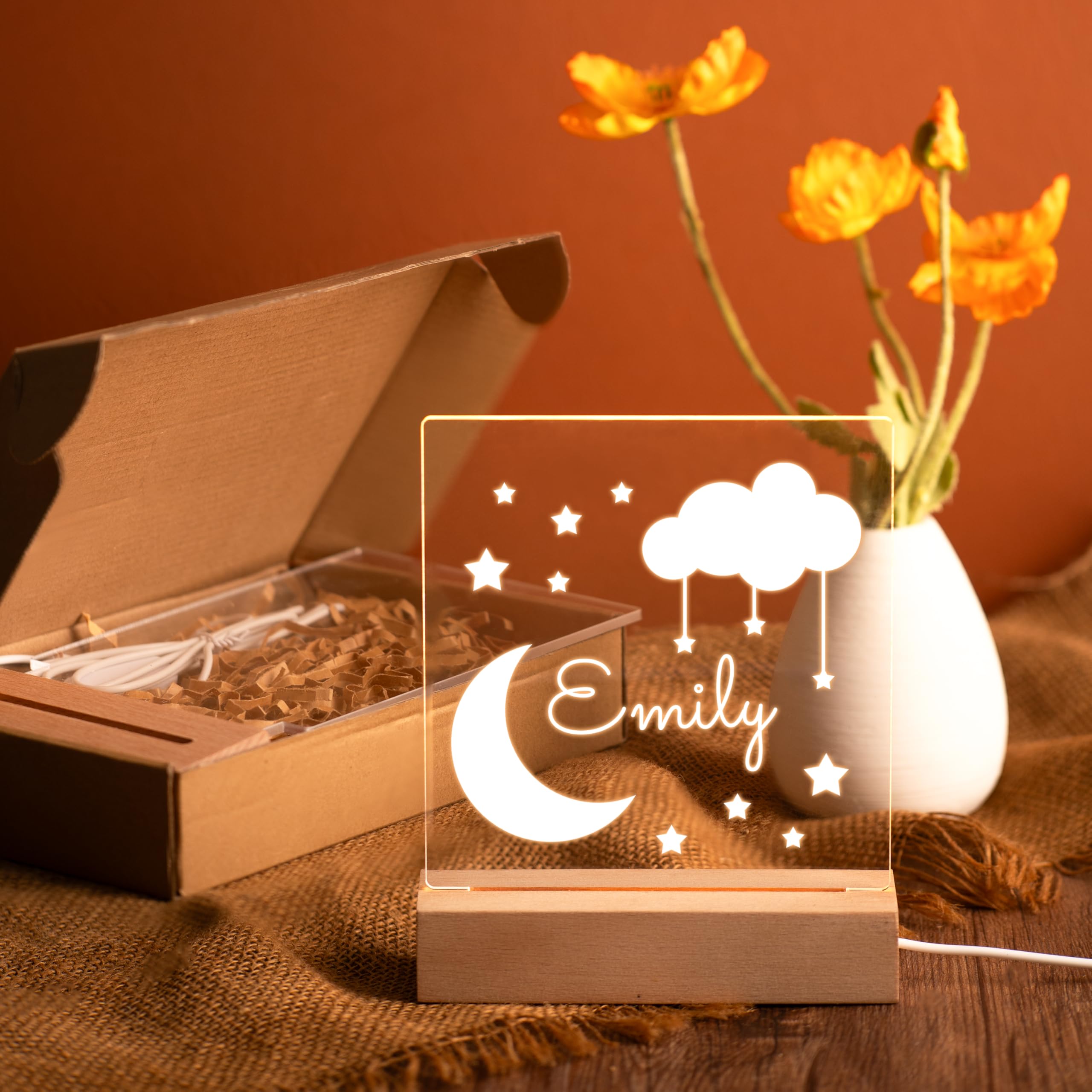 Personalized Night Light for Kids - Custom Moon and Stars LED Nightlight for Baby Boys & Girls Nursery, Bedroom Decor - Perfect for Bedtime, Soothing Sleep Aid and Nursery Room Lighting