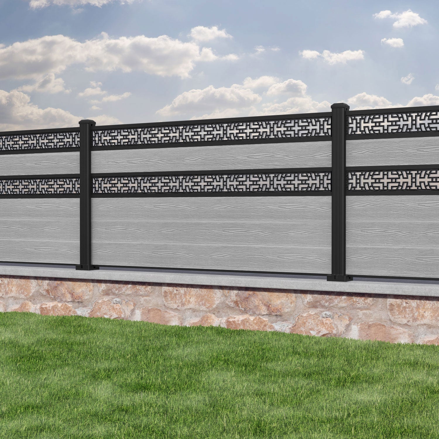 Classic Kumo Split Screen Fence Panel - Light Grey Aluminum Privacy Screen with Durable Posts for Patio, Deck, and Garden Partition | Outdoor Decorative Fencing Solution