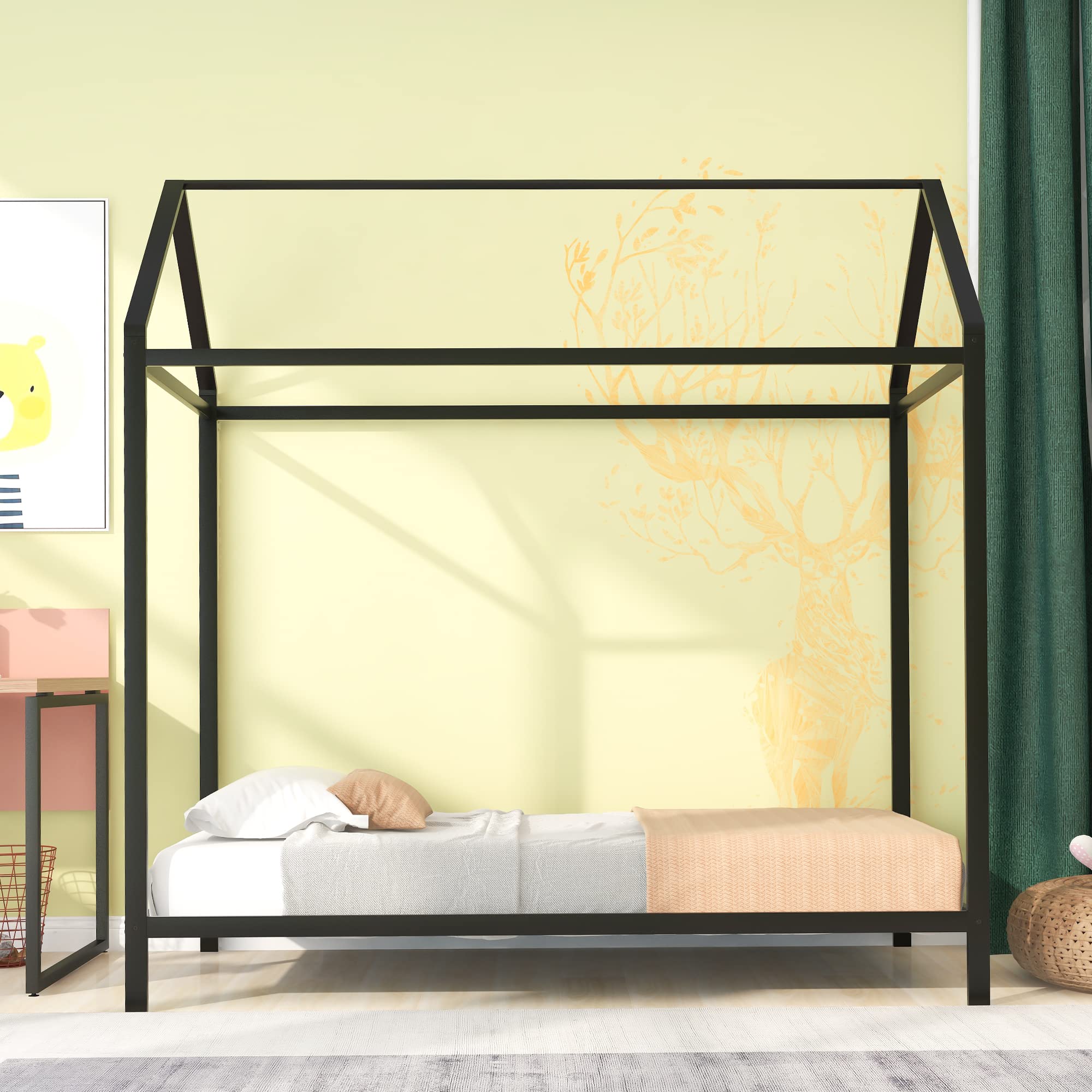 Knocbel Metal Twin Canopy Bed Frame - Low Profile Platform Bed with 20-Slat Support, 350lbs Weight Capacity - Black - Perfect for Kids Rooms, Guest Bedrooms & Small Spaces