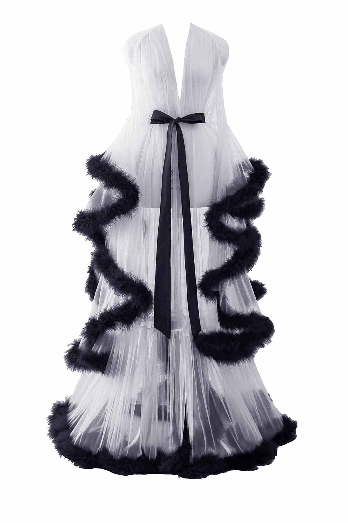 Elegant Feather Trim Tulle Robe - Maternity Photoshoot Lingerie & Bridal Boudoir Sleepwear | Soft Sheer Bathrobe for Women's Spa, Honeymoon & Luxury Lounging