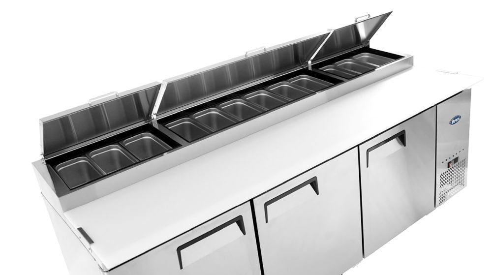 Atosa MPF8203 Commercial 3-Door Pizza Prep Table Refrigerator - Stainless Steel Countertop Refrigerator for Restaurants, Pizzerias & Food Service Businesses
