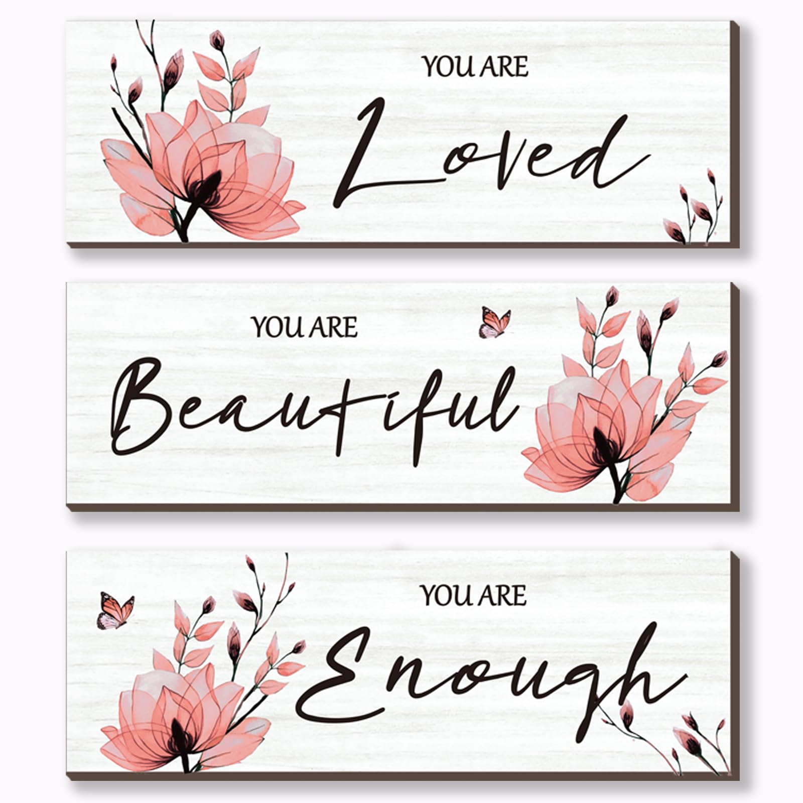 ONIZHITY 3-Piece Pink Floral Wall Decor Set - Inspirational 'You Are Loved' Quote for Girls & Women - Perfect for Bedroom, Bathroom, Living Room, Kitchen & Office Decor (12x4 Inches) - Ideal for Home Decor, Gift Giving & Creating Inspiring Spaces