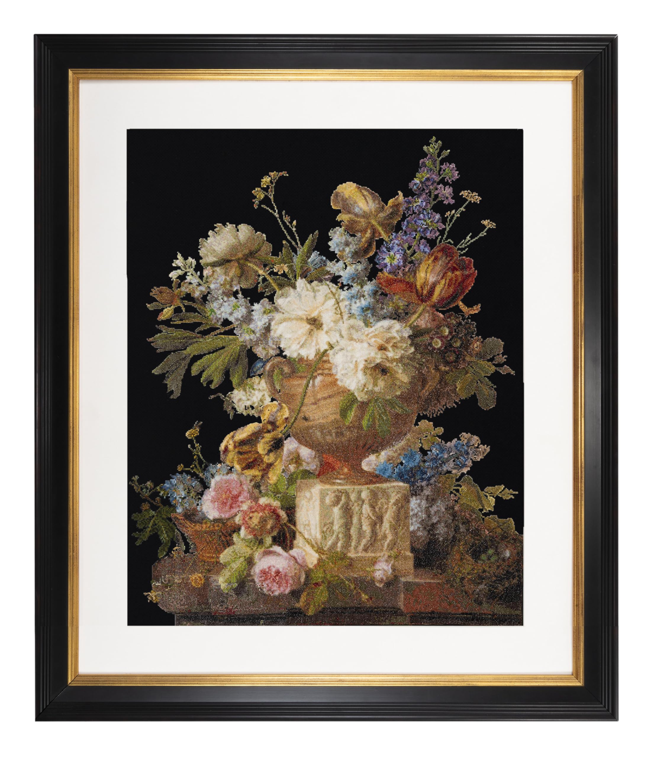 Thea Gouverneur Flower Still-Life Cross Stitch Kit with Alabaster Vase - 18 Count Black Aida Fabric - Includes DMC Embroidery Threads & Supplies - Adult DIY Craft Project - Perfect for Home Decor, Gift Giving & Relaxation