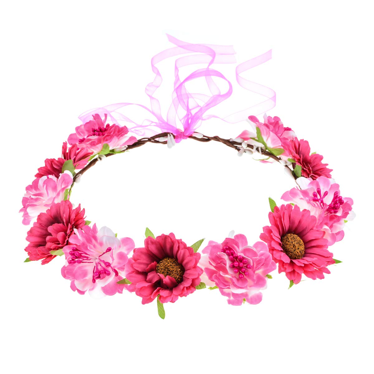 June Bloomy Rose Flower Leaf Crown Bridal Halo Headband with Adjustable Ribbon - Peach - Perfect for Weddings, Boho Photos & Festival Accessories