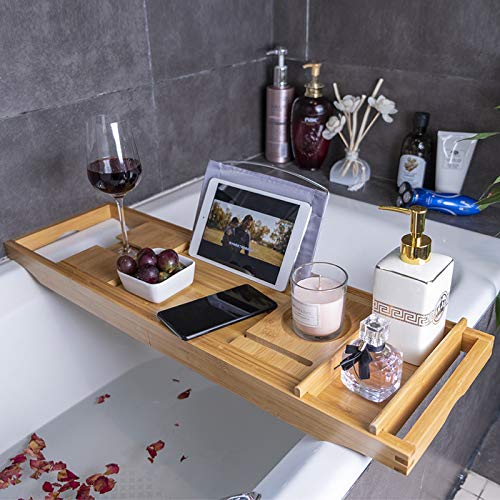 Premium Extendable Bathtub Caddy Tray - Luxury Bath Tray with Book Stand, Holds Wine Glass, Tablet, Phone & Candles (74.5x23x4.5cm) - Perfect Relaxation Gift for Spa Nights, Reading & Wine Baths