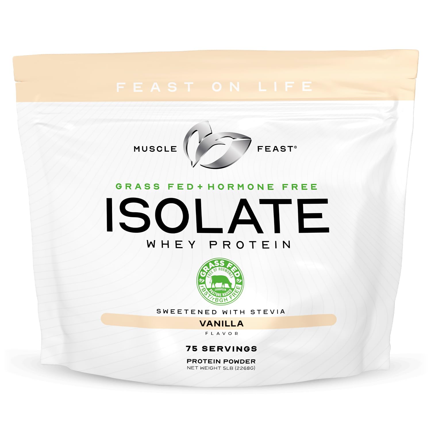 Muscle Feast Grass-Fed Whey Protein Isolate - All Natural, Hormone Free, Pasture Raised Vanilla Protein Powder (5lb) for Post-Workout Recovery & Muscle Building