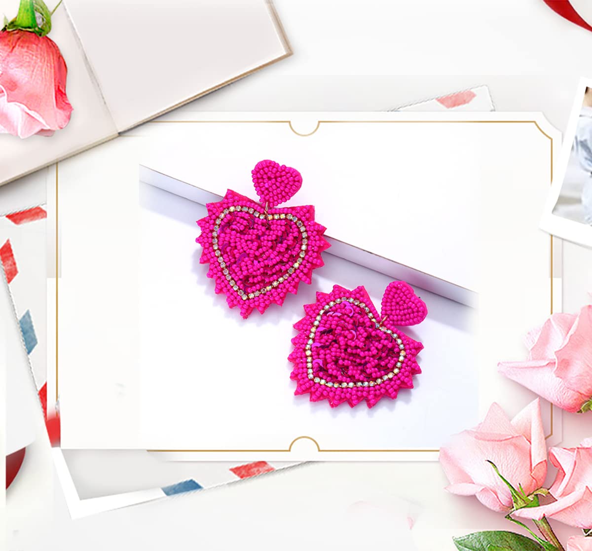 Valentine's Day Crystal Heart Earrings for Women - Handmade Rhinestone Beaded Dangle Earrings with Shimmering Love Heart Design | Romantic Jewelry Gift for Her, Anniversary, Date Night & Special Occasions