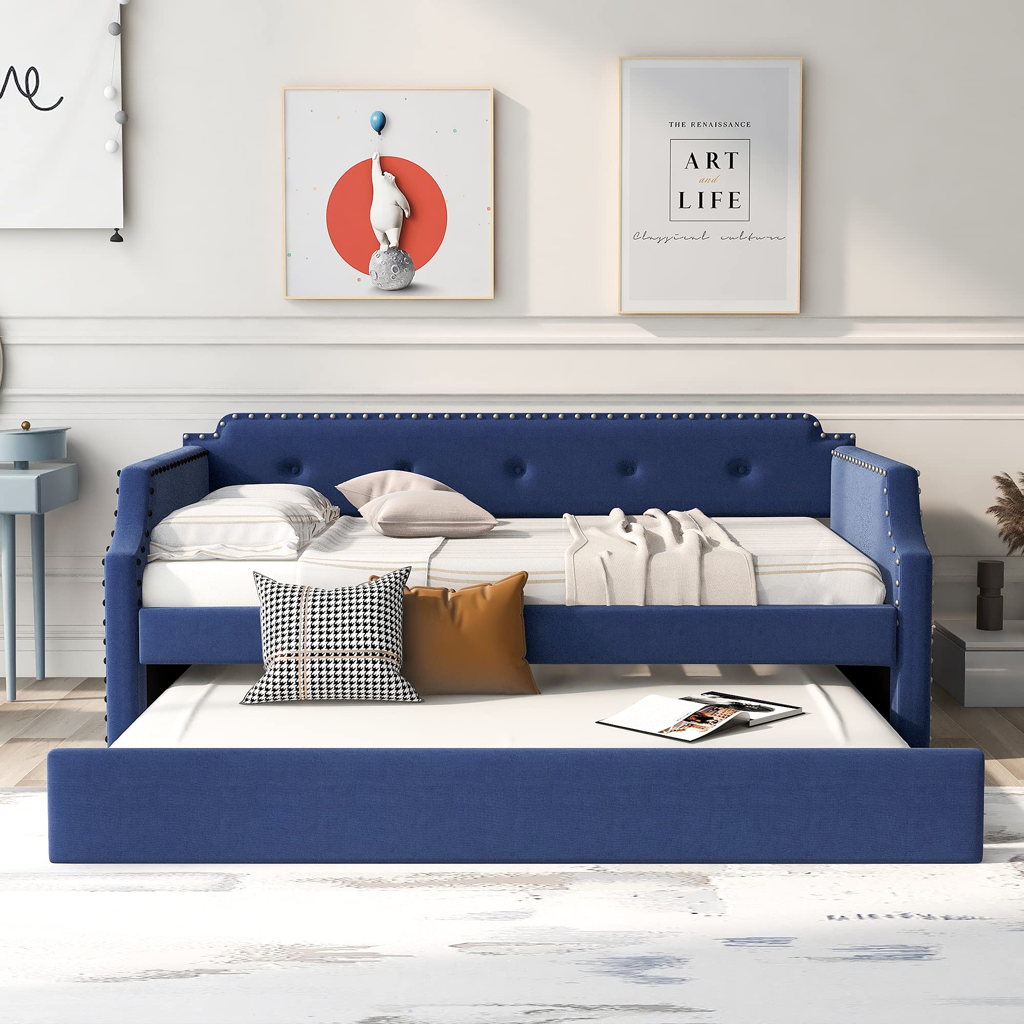Merax Twin Size Upholstered Daybed with Trundle - Wooden Sofa Bed for Living Room & Guest Room, No Box Spring Needed, Blue Fabric | Perfect for Small Spaces, Sleepovers & Multi-Purpose Furniture
